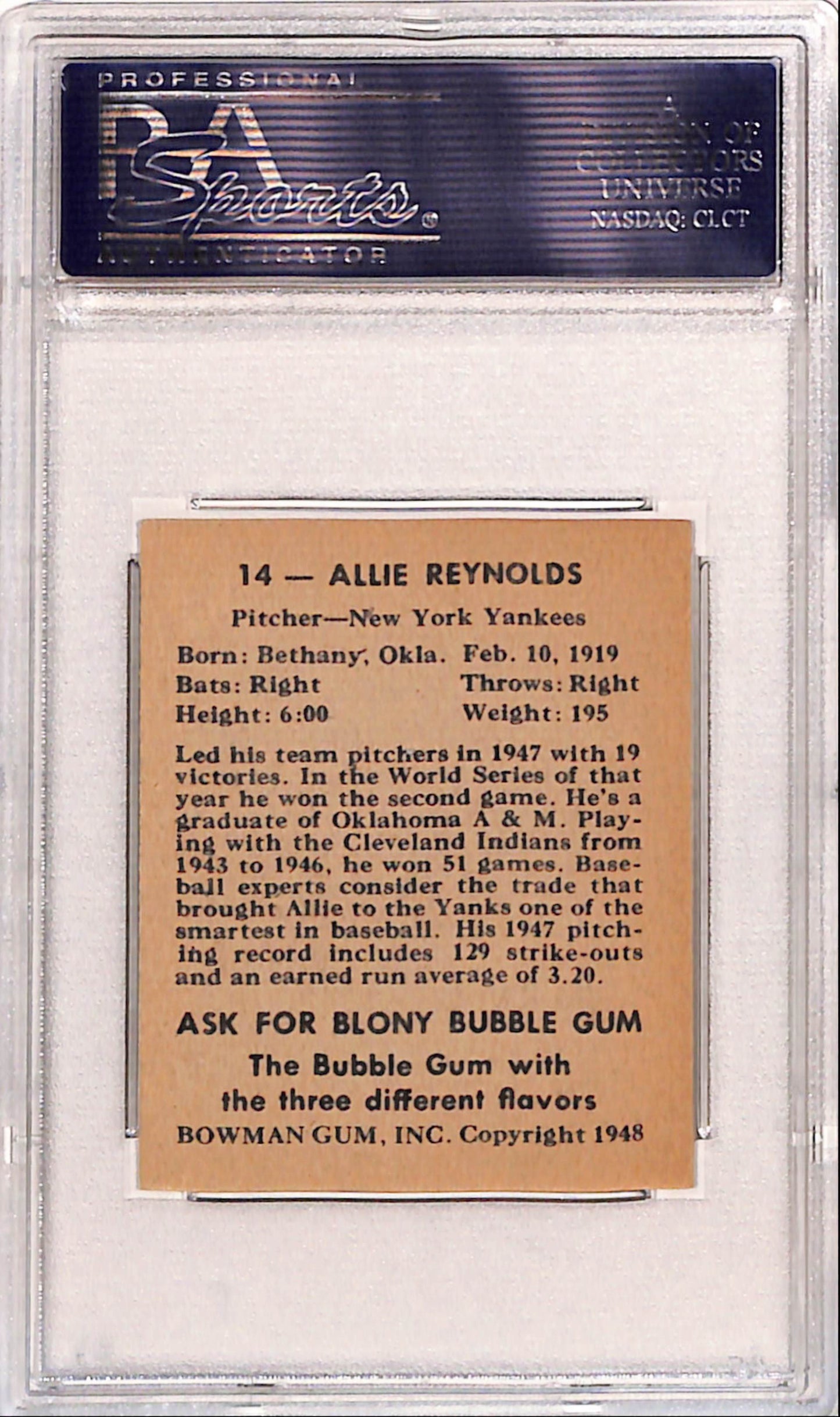 Allie Reynolds 1948 Bowman #14 PSA 7 Near Mint