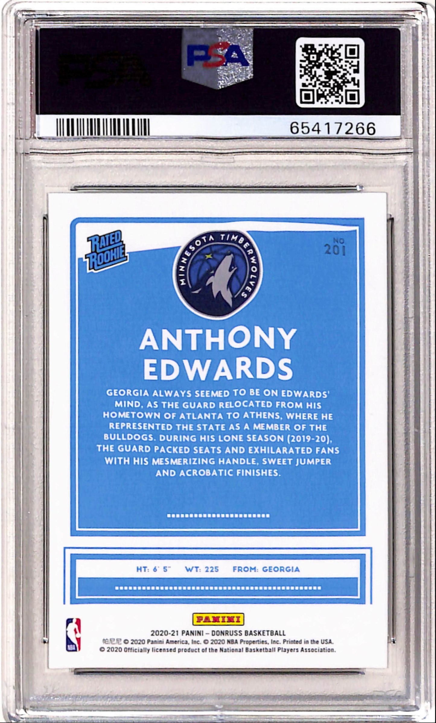 Anthony Edwards 2020 Donruss Choice Rookie #201 PSA 10 Gem Mint