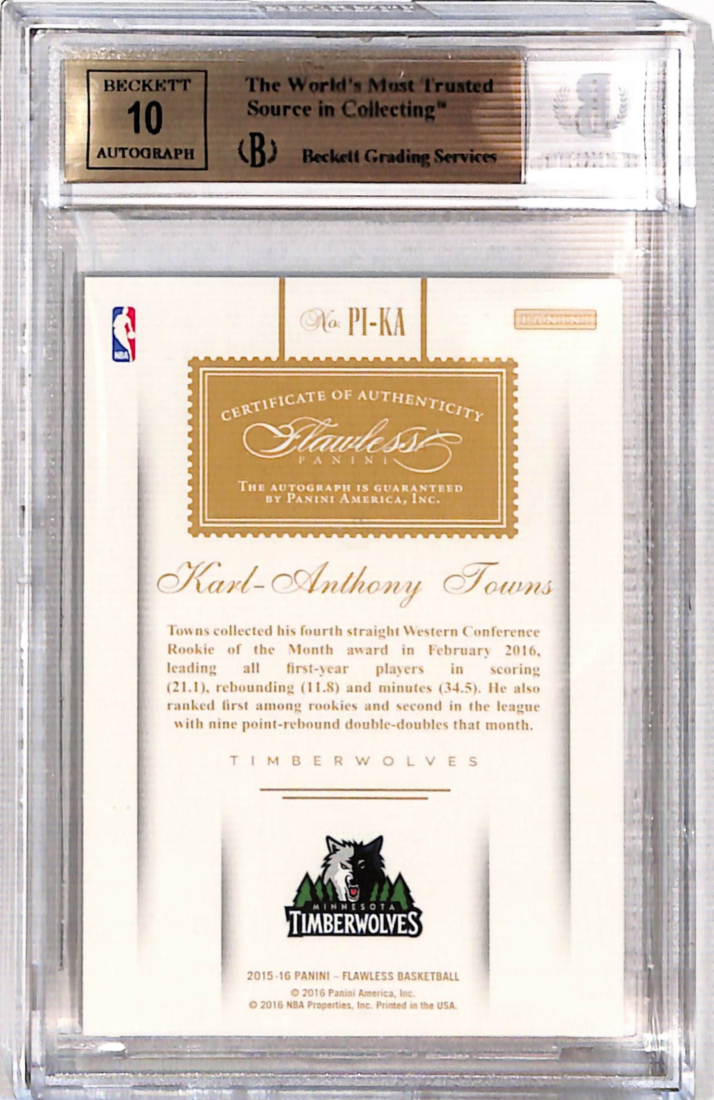 Karl-Anthony Towns 2015 Panini Flawless Premium Ink Rookie Auto #10/25 BGS 9.5;Auto 10