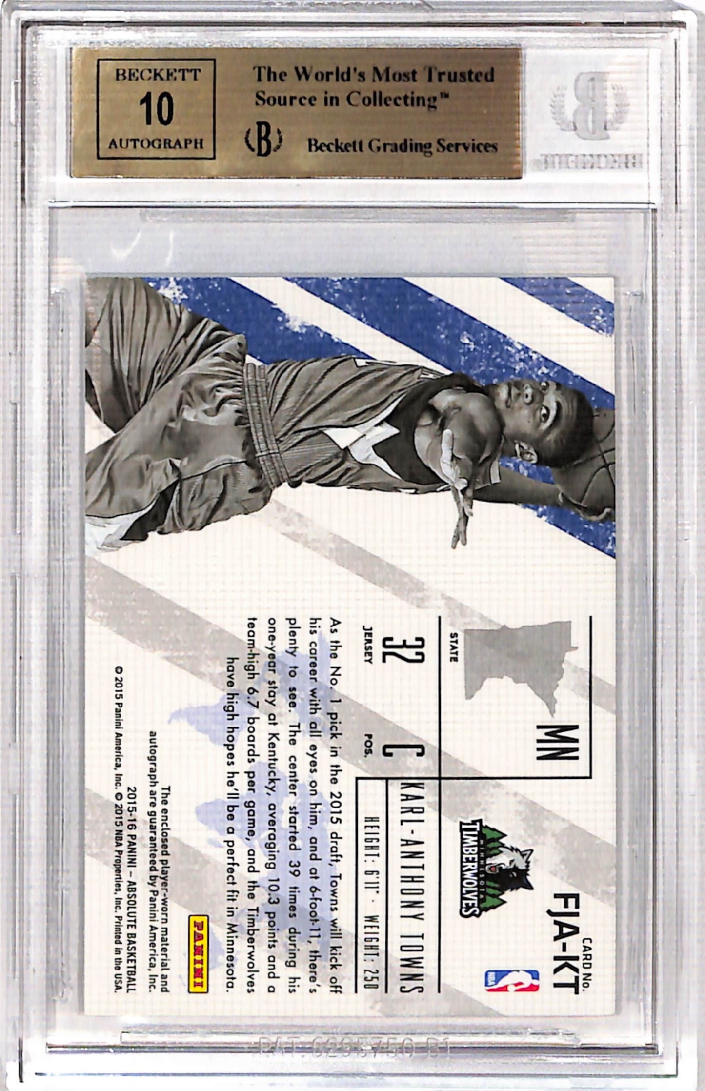 Karl-Anthony Towns 2015 Panini Absolute Rookie Jersey Auto #74/149 BGS 9.5;Auto 10