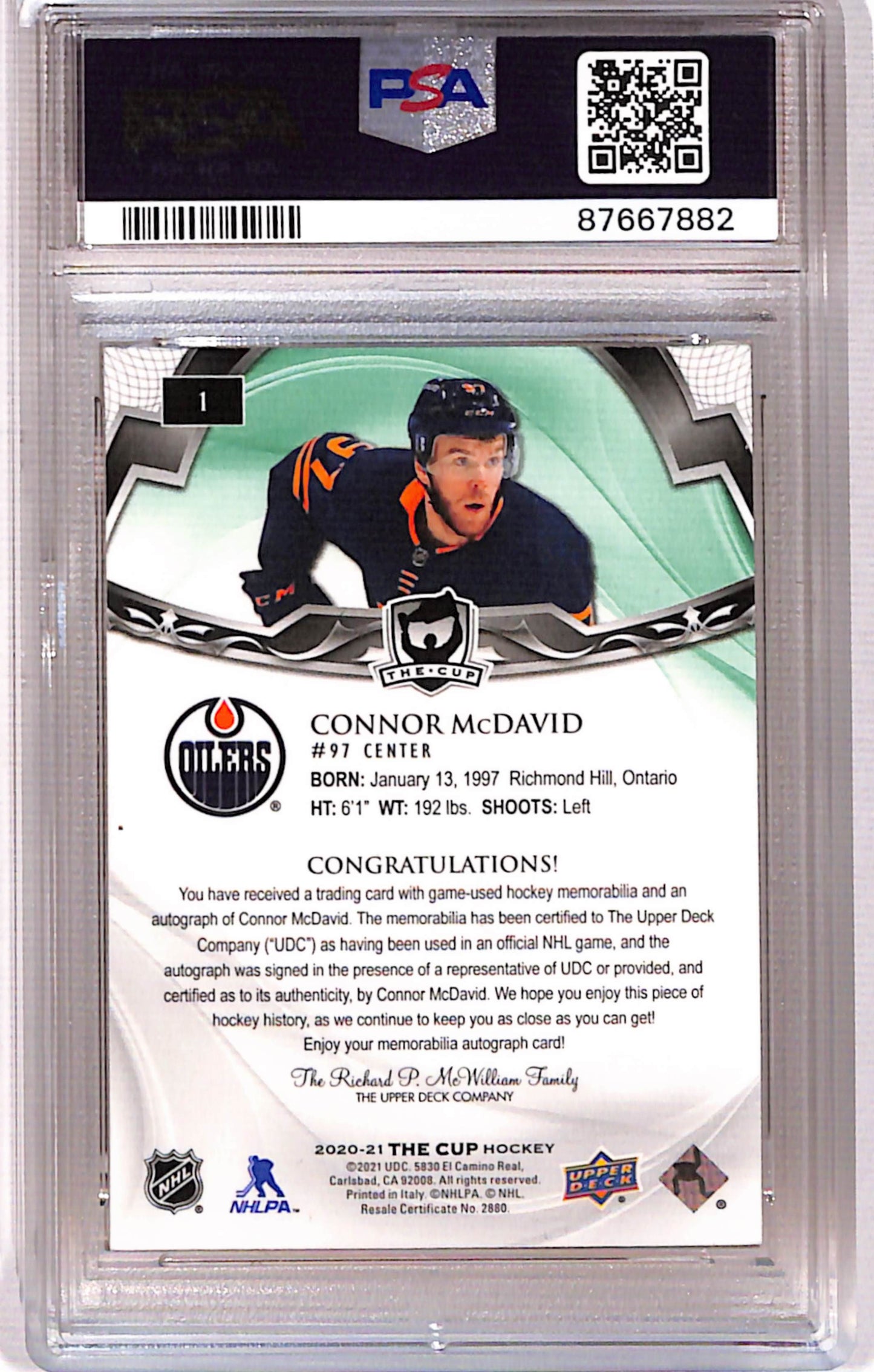 Connor McDavid 2020 Upper Deck The Cup Button Auto #1/3 PSA Auth