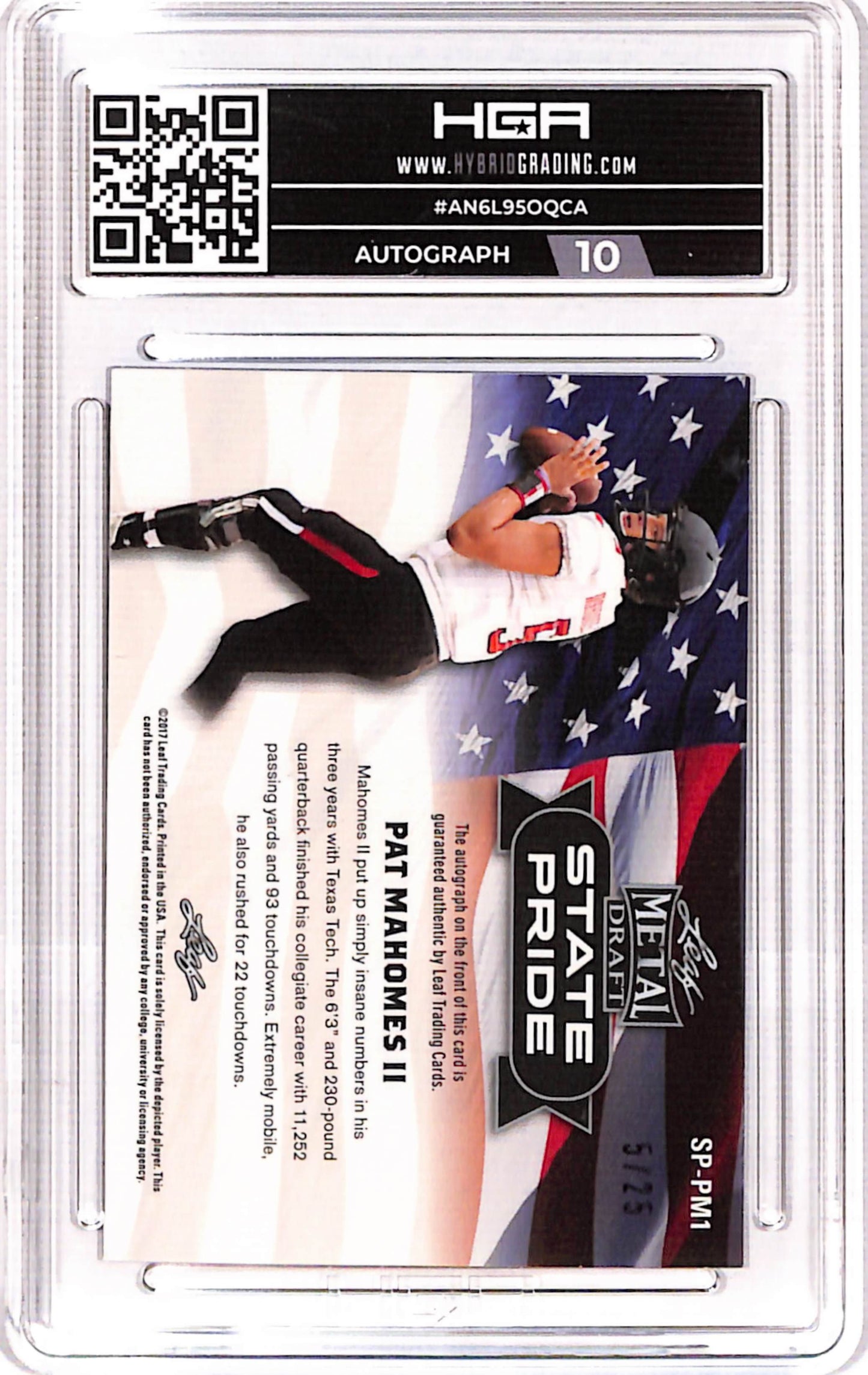 Patrick Mahomes II 2017 Leaf Metal Draft State Pride Purple Auto #5/25 HGA 9 Mint Auto 10