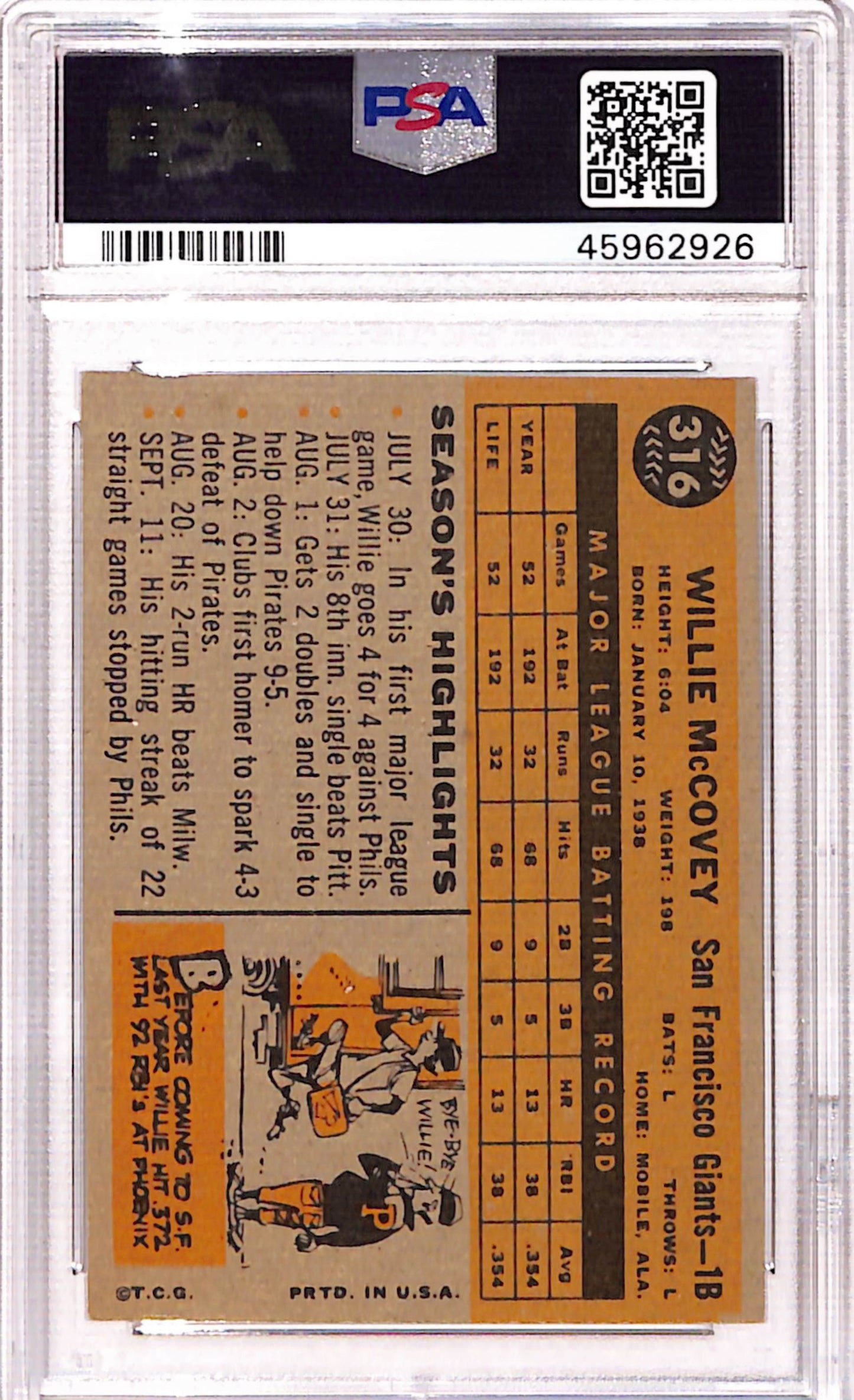Willie McCovey 1960 Topps Rookie #316 PSA 7 Near Mint