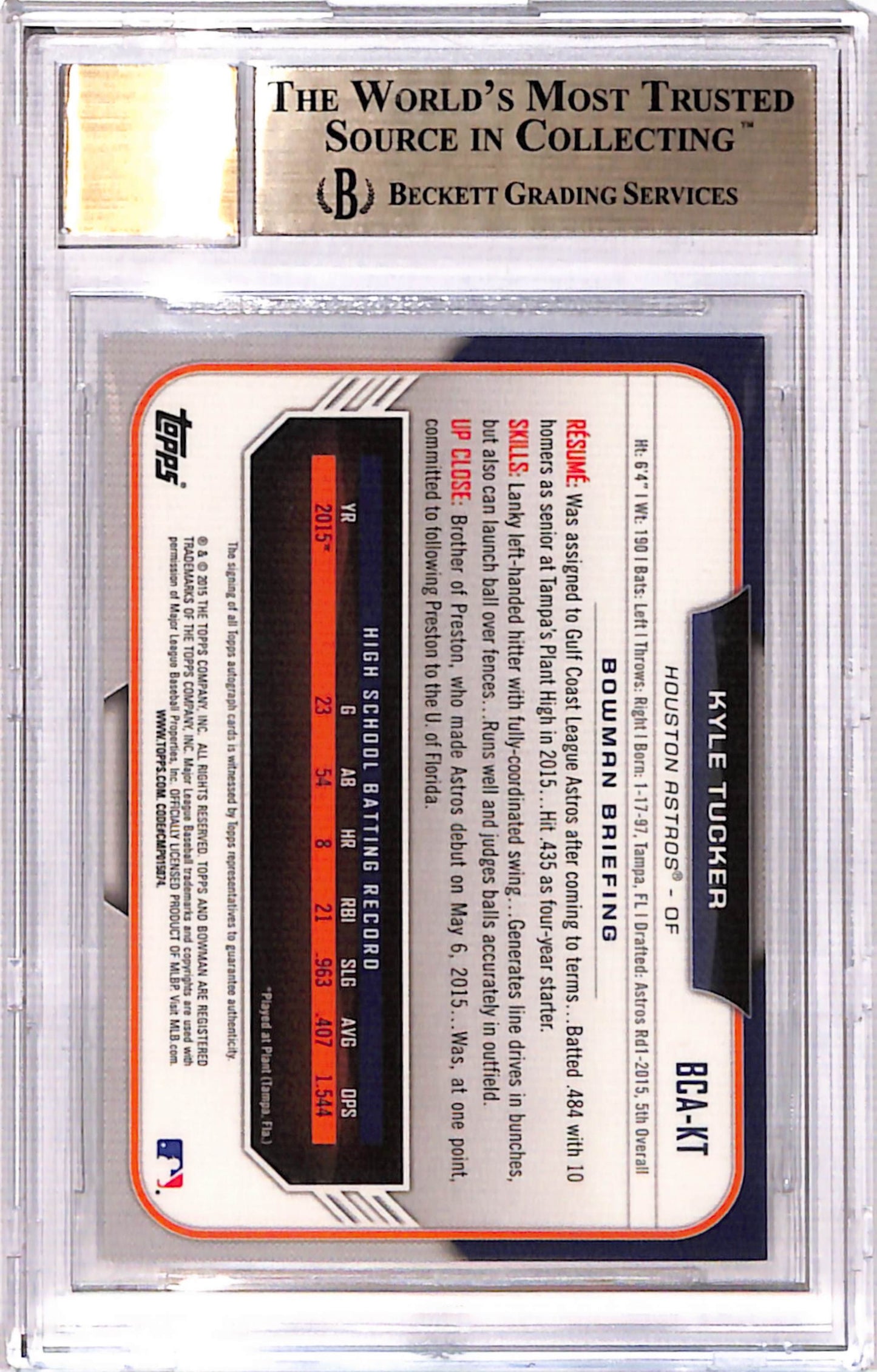 Kyle Tucker 2015 Bowman Chrome Draft Auto BGS 9.5 Auto 10