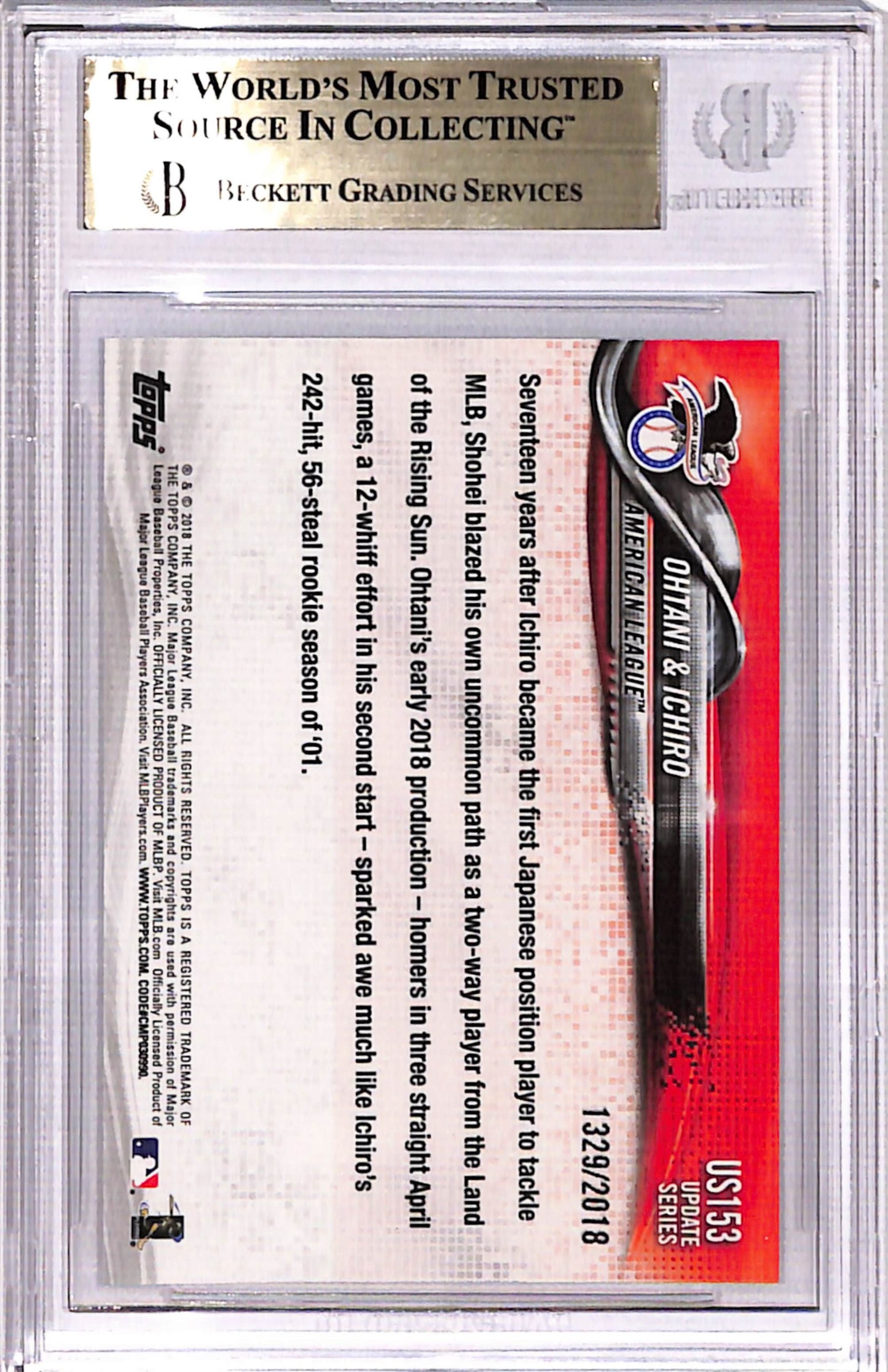 Shohei Ohtani + Ichiro 2018 Topps Update #US153 Gold #1329/2018 BGS 9.5 Gem Mint