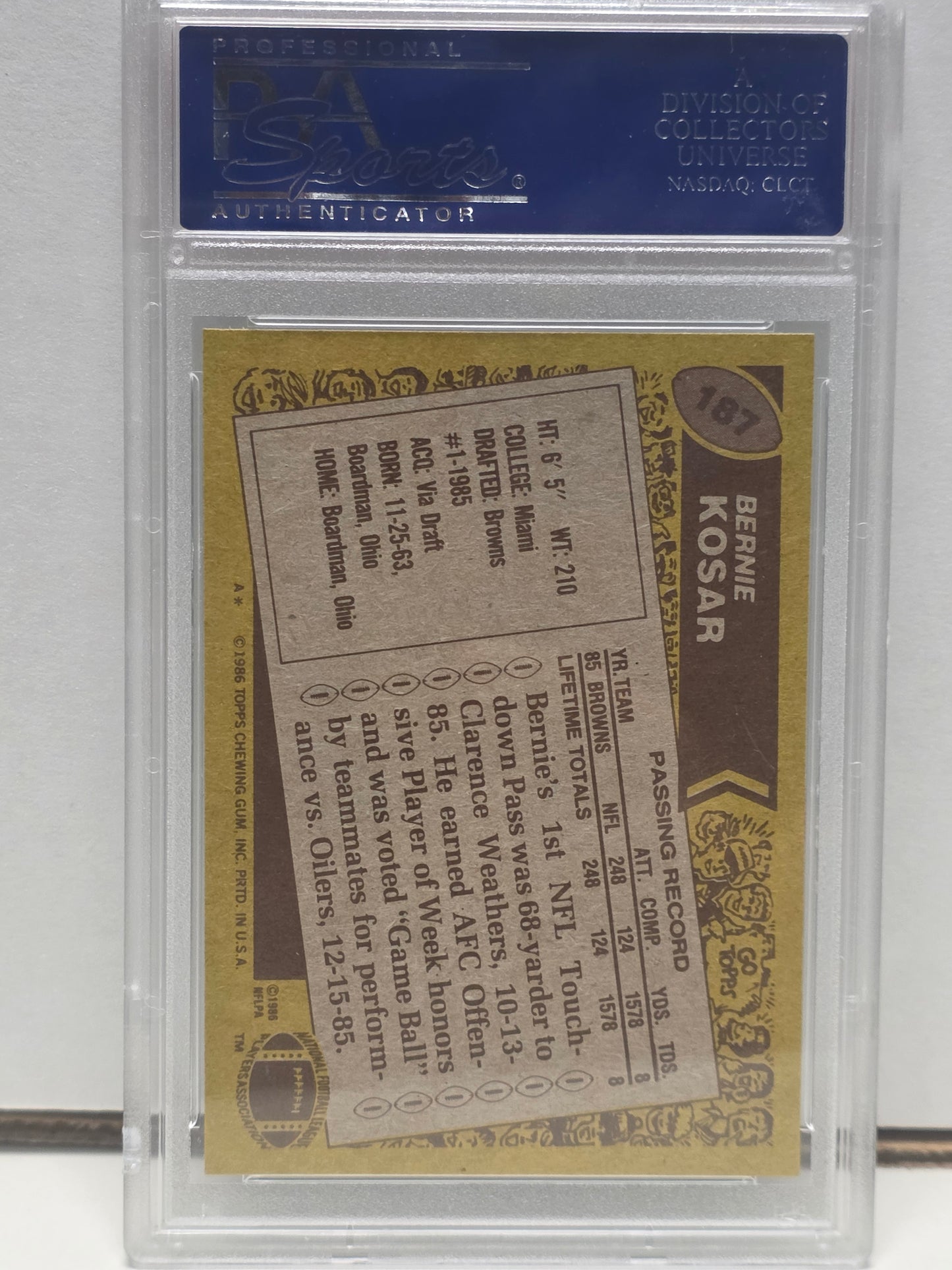 Bernie Kosar 1986 Topps #187 PSA 9 Mint
