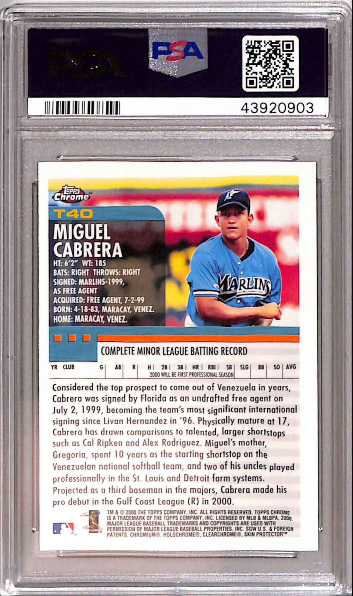 Miguel Cabrera 2000 Topps Chrome Traded Rookie #T40 PSA 10 Gem Mint