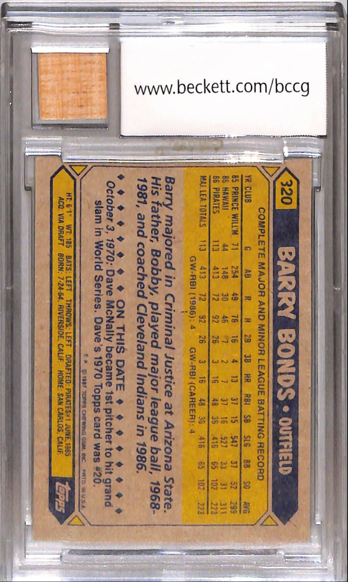 Barry Bonds 1987 Topps Rookie #320 Game-Used Bat #167/1987 BCCG 10 Mint