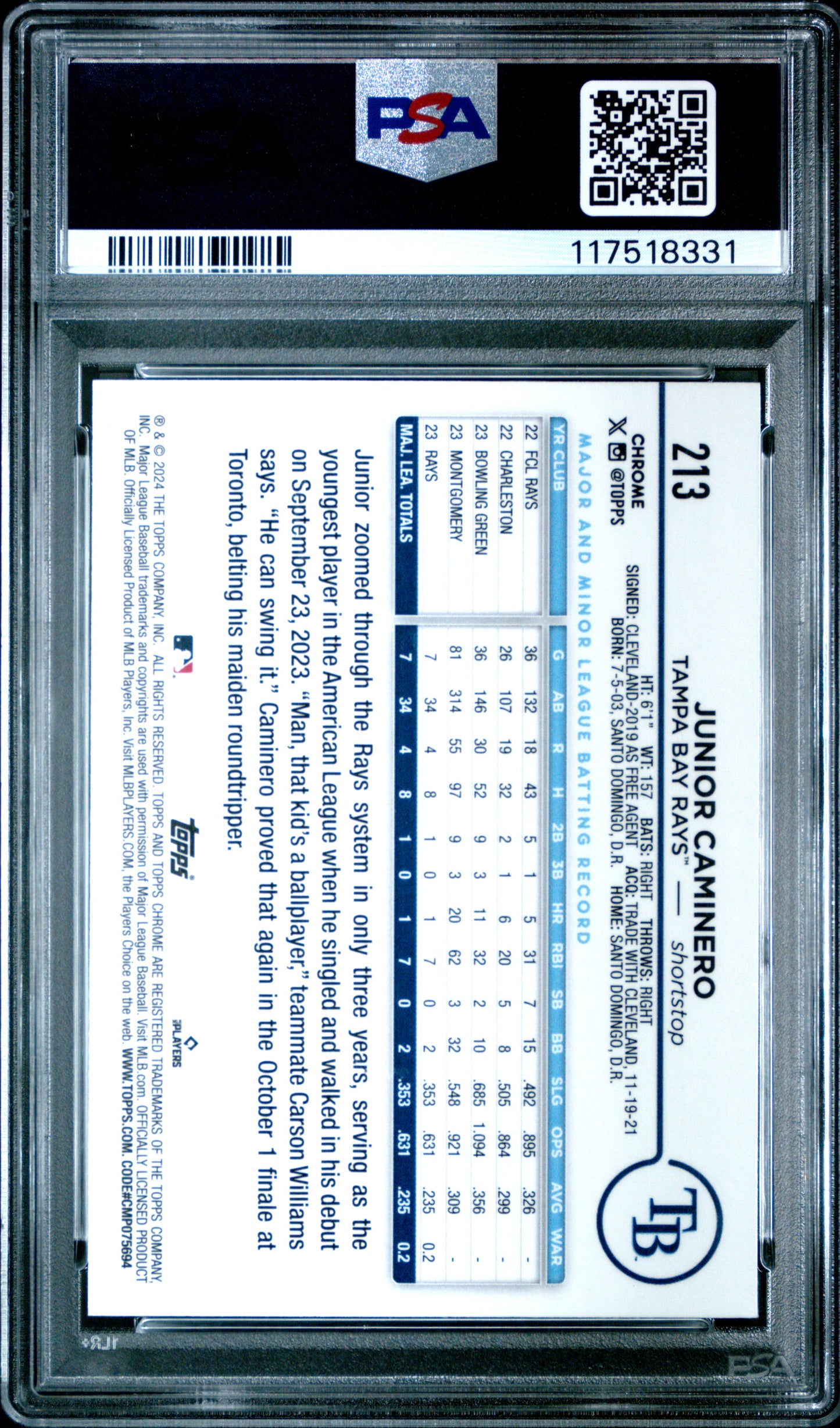 Junior Caminero 2024 Topps Chrome Rookie #213 Blue Refractor #106/150 PSA 10 Gem Mint