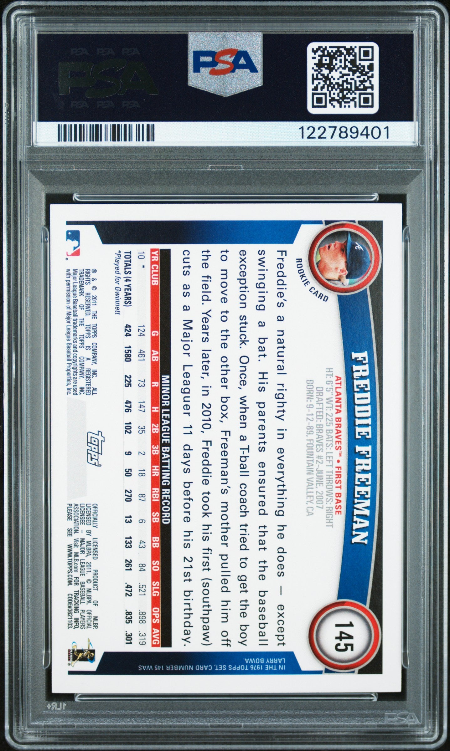 Freddie Freeman 2011 Topps Rookie #145 Diamond Anniversary PSA 9 Mint