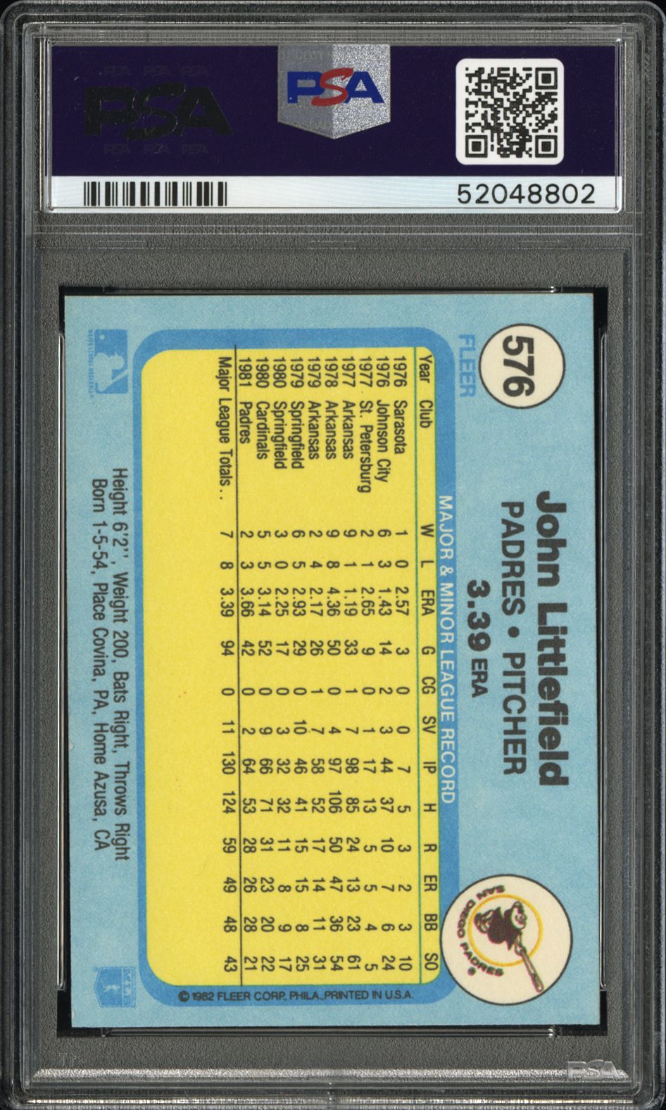 John Littlefield 1982 Fleer Pitching Lefty Error #576 PSA 8 Nm-Mint