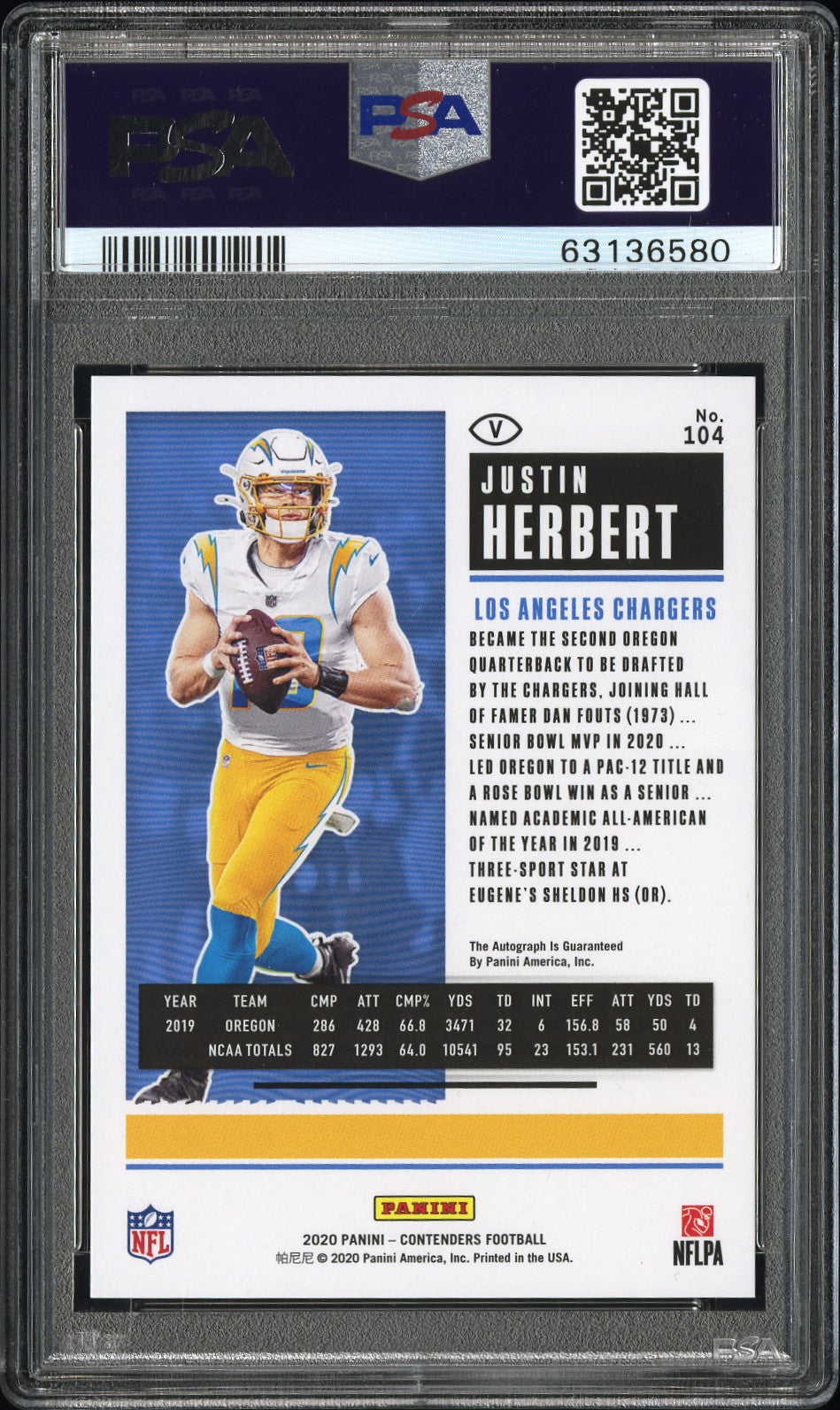 Justin Herbert 2020 Panini Contenders Team Helmet Auto Rookie PSA 10 Auto 10