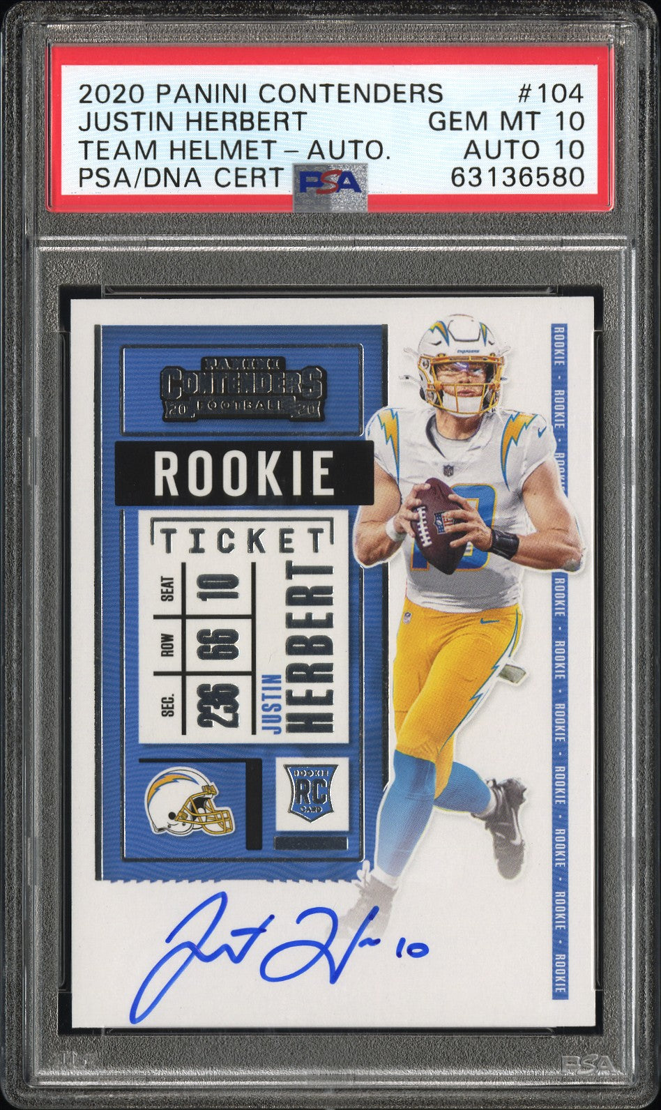Justin Herbert 2020 Panini Contenders Team Helmet Auto Rookie PSA 10 Auto 10