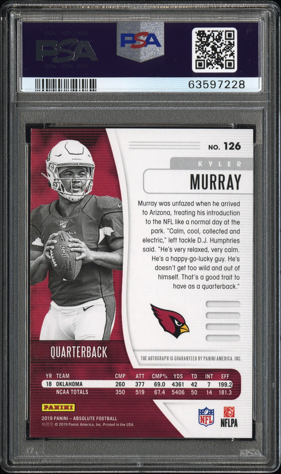 Kyler Murray 2019 Panini Absolute Spectrum Green Auto #4/25 PSA 8 Auto 10