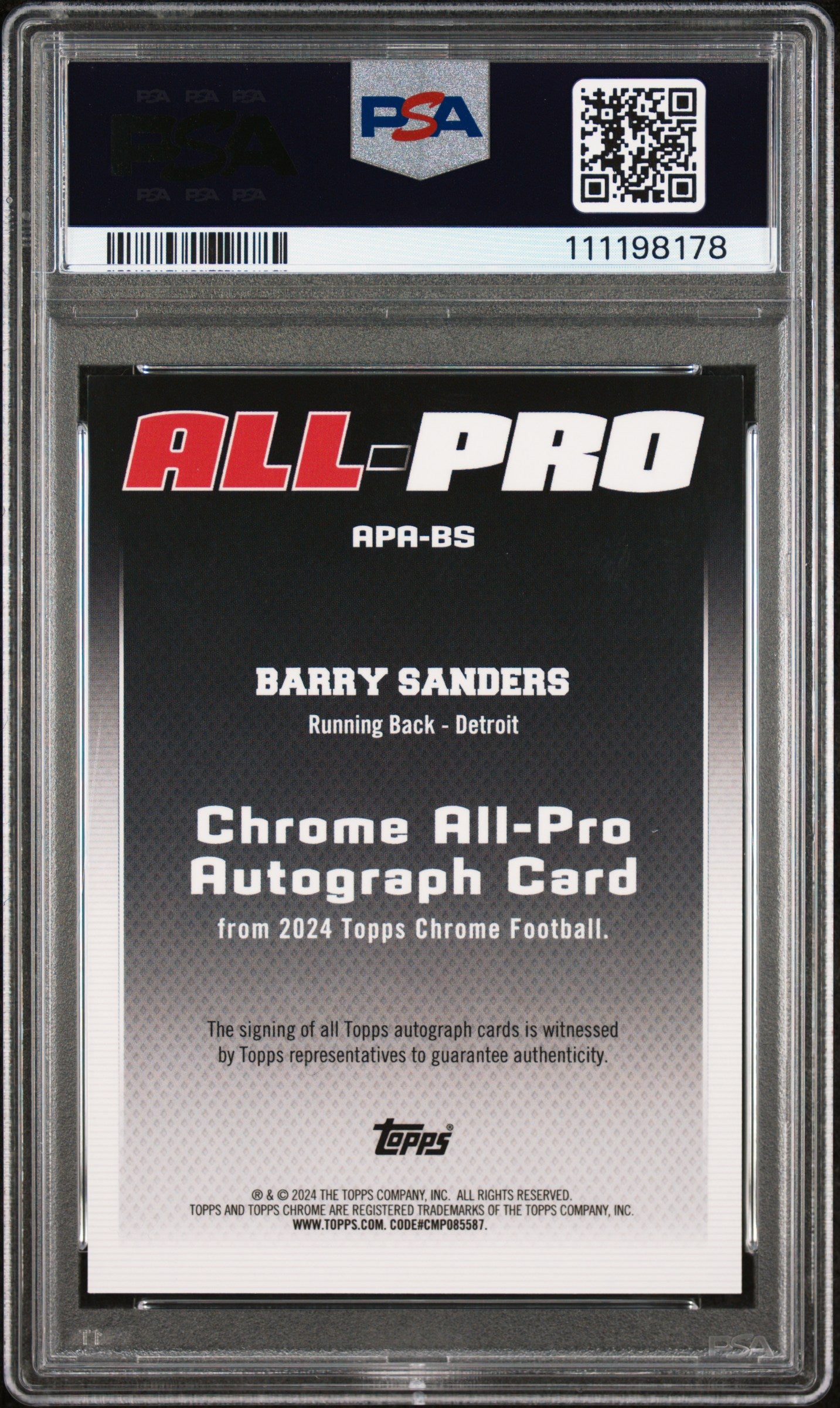 Barry Sanders 2024 Topps Chrome All-Pro Gold Refractor Auto #14/50 PSA 9 Auto 10
