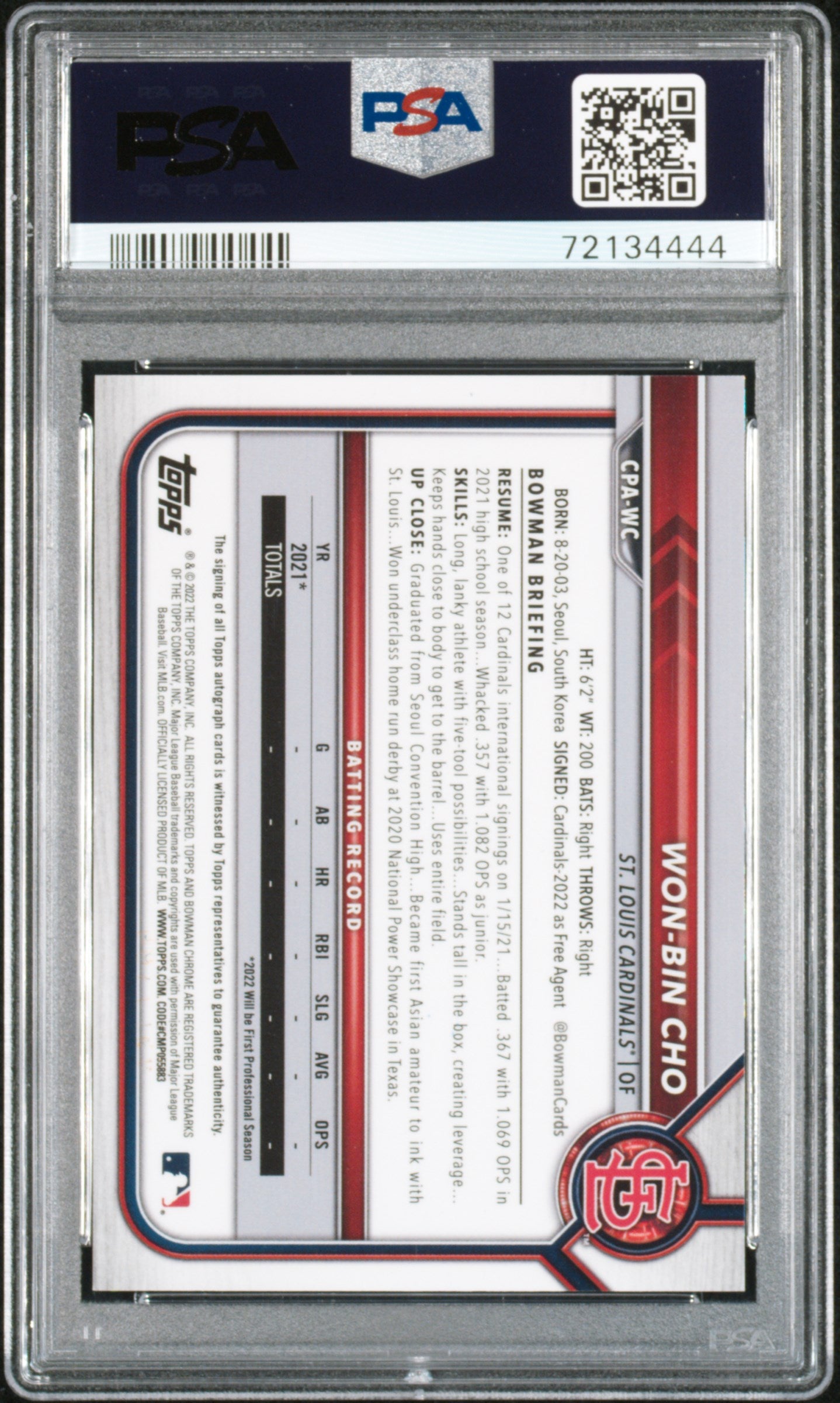 Won-Bin Cho 2022 Bowman Chrome Atomic Refractor Auto #68/100 PSA 10 Gem Mint