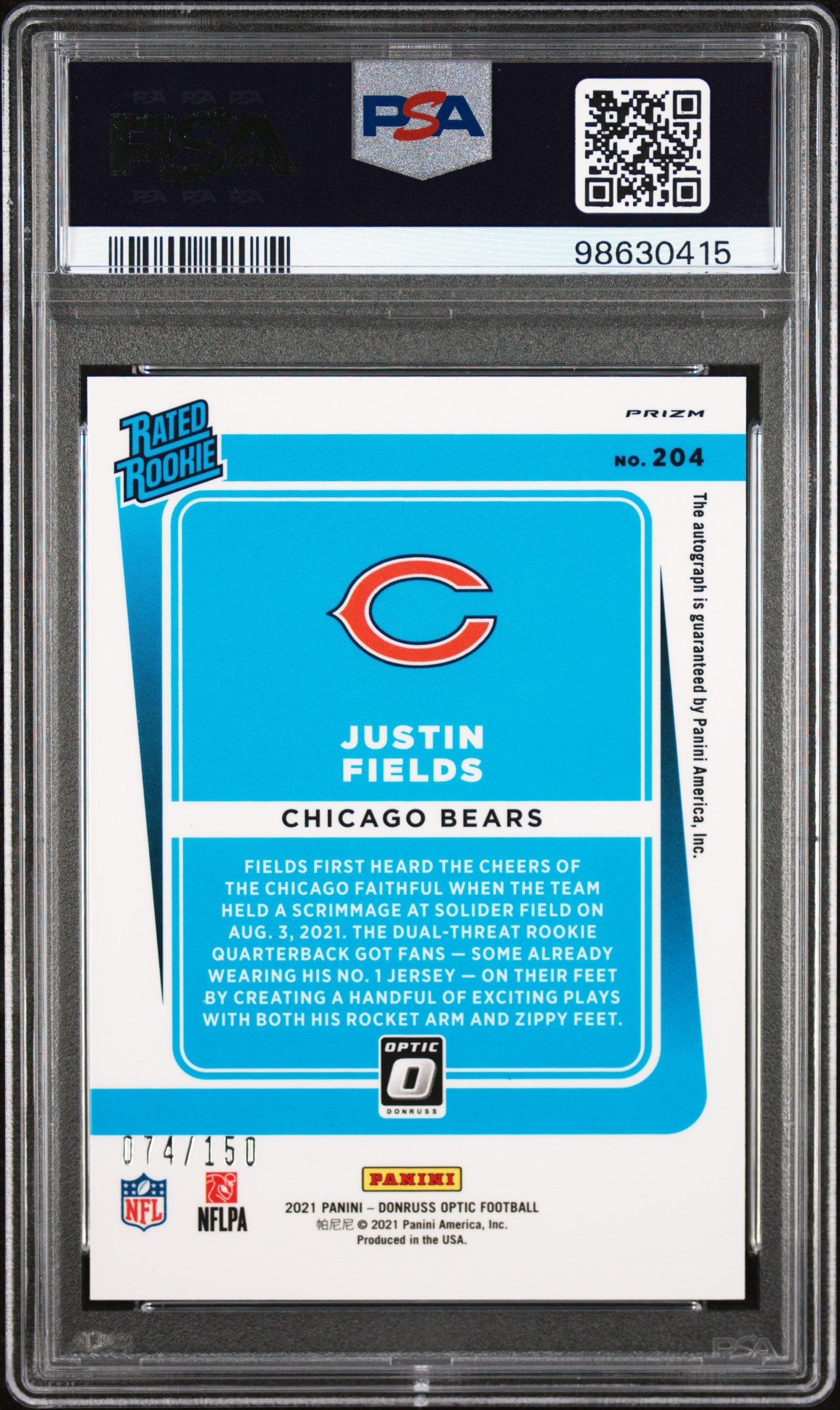 Justin Fields 2021 Donruss Optic Rookie Autograph #74/150 PSA 8 Nm-Mint