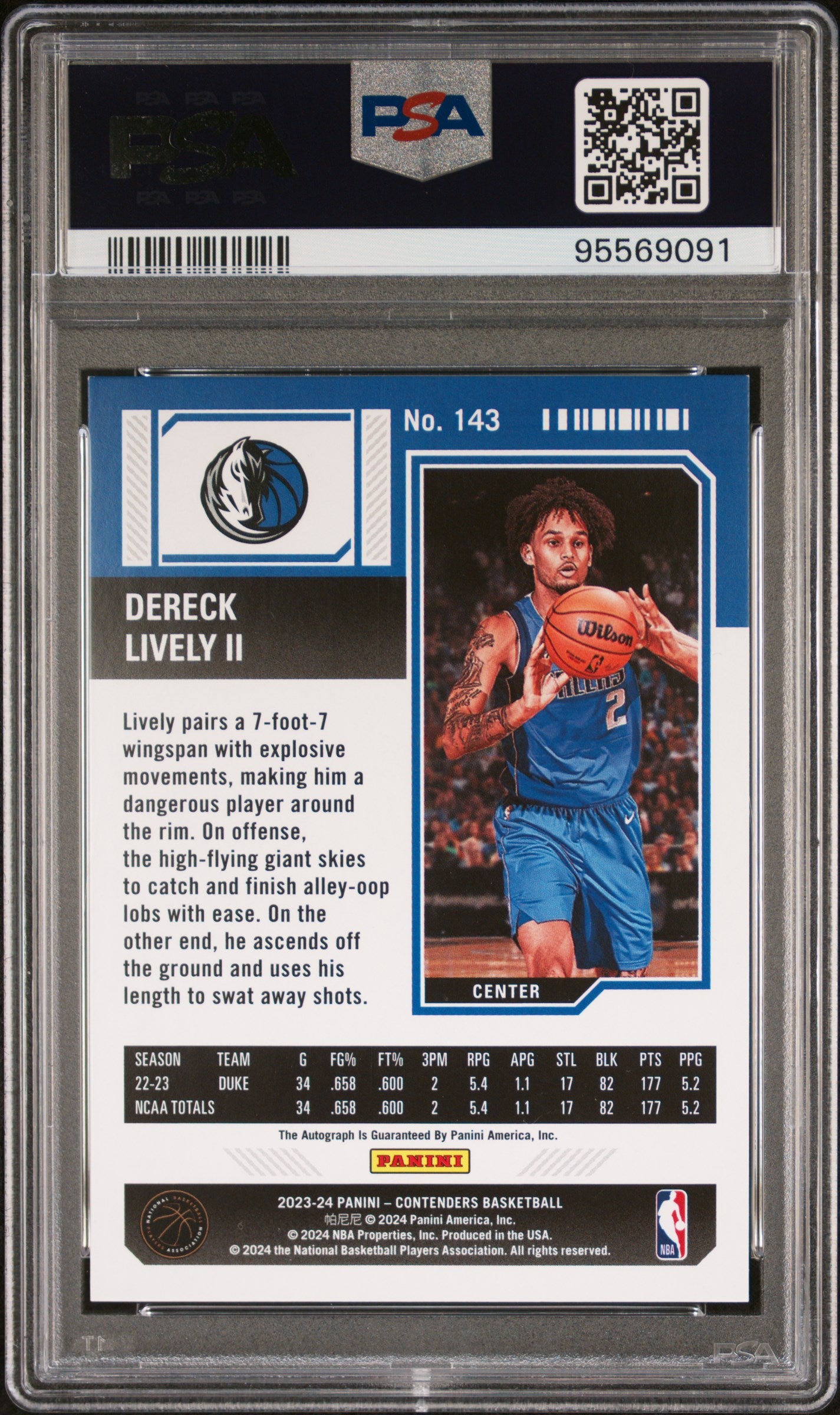 Dereck Lively II 2023 Panini Contenders #143 Rookie Auto PSA 10 Gem Mint