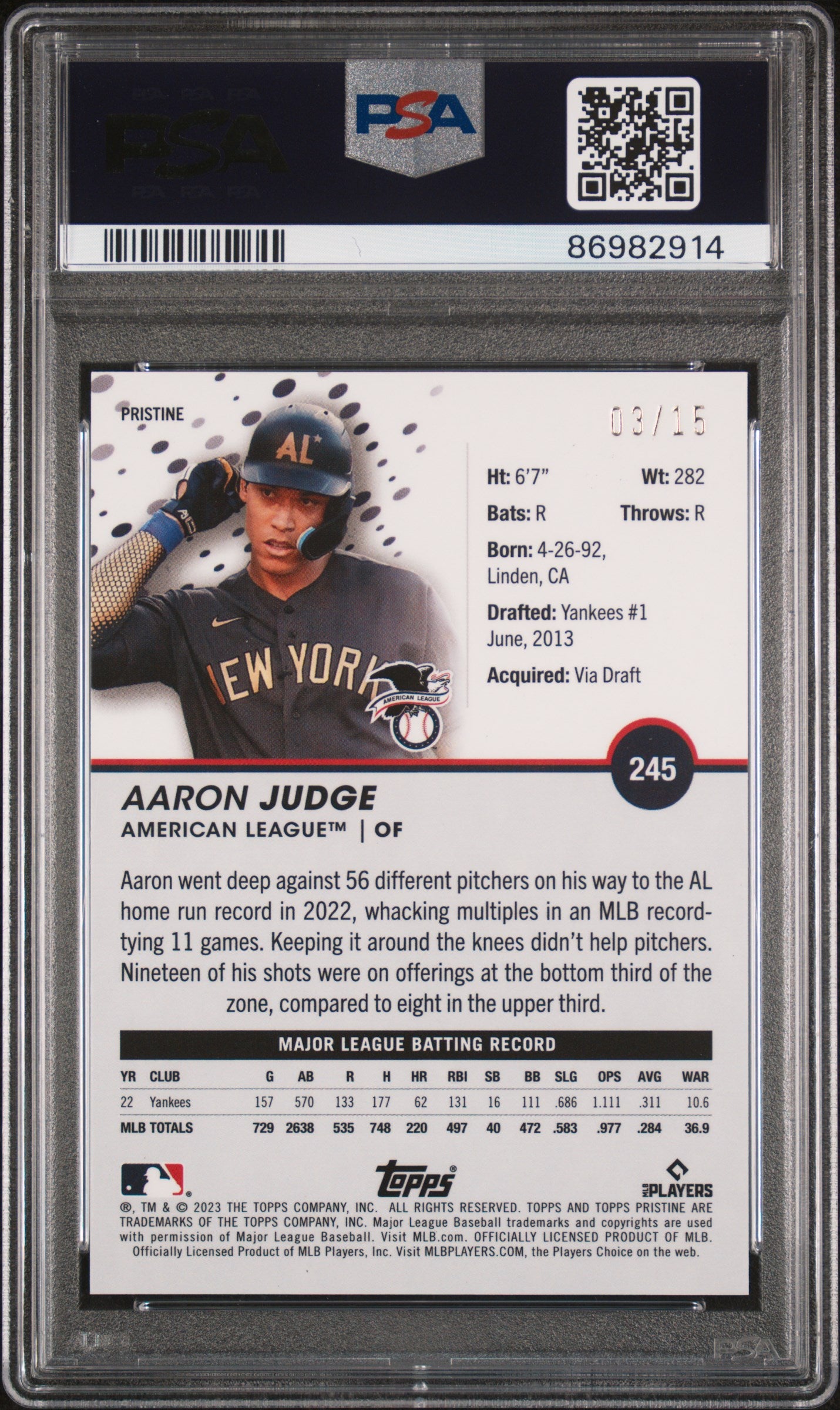 Aaron Judge 2023 Topps Pristine Pink Refractor #3/15 PSA 10 Gem Mint