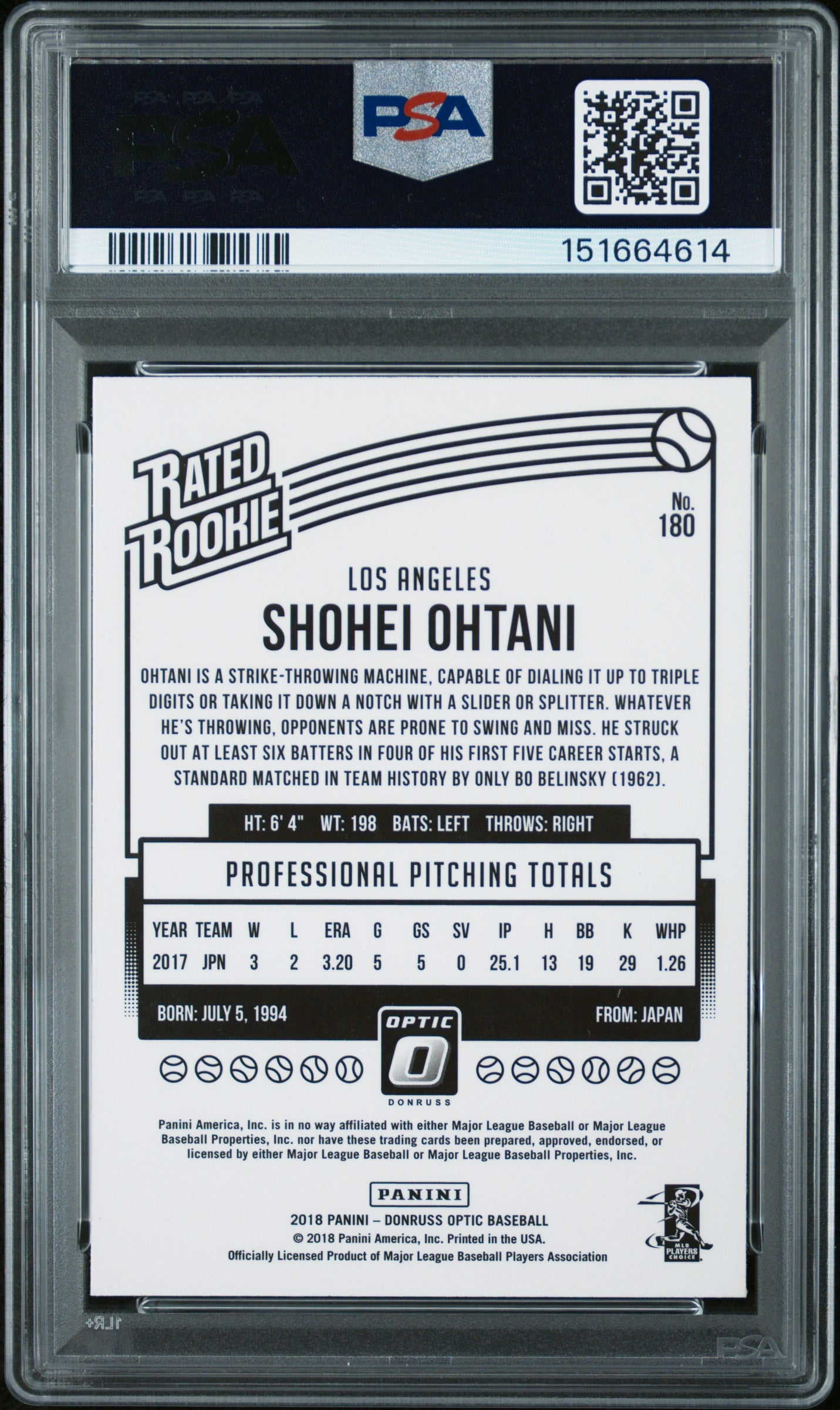 Shohei Ohtani 2018 Panini Chronicles Optic Rookie #180 PSA 10 Gem Mint