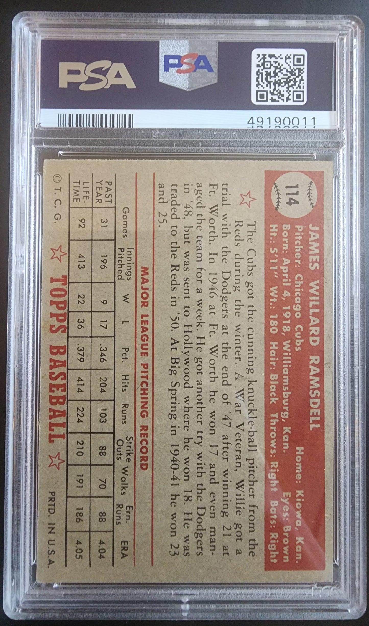 Willard Ramsdell 1952 Topps #114 PSA 7
