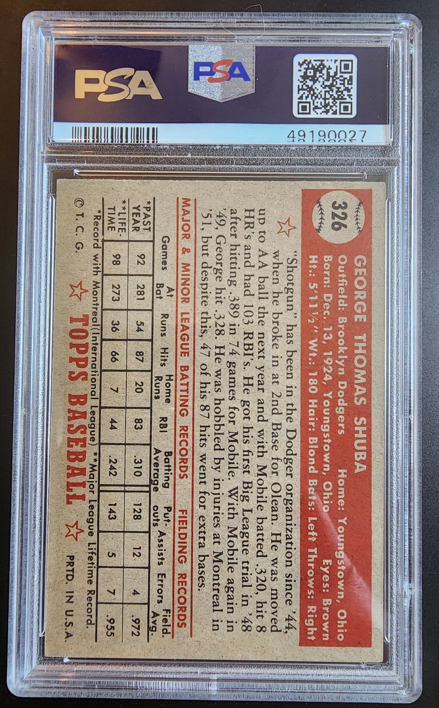 George Shuba 1952 Topps #326 PSA 4