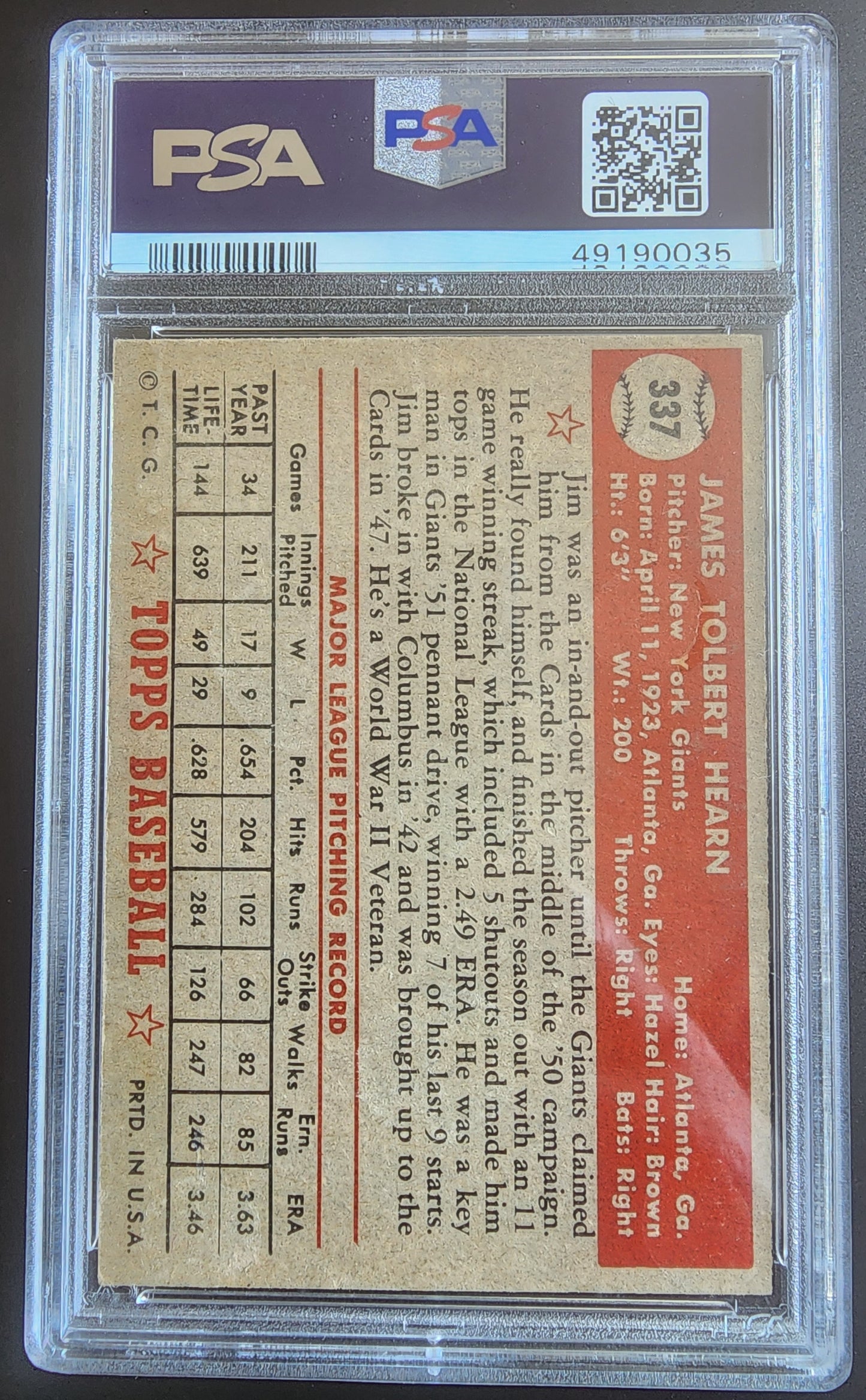 Jim Hearn 1952 Topps #337 PSA 2.5 Good+