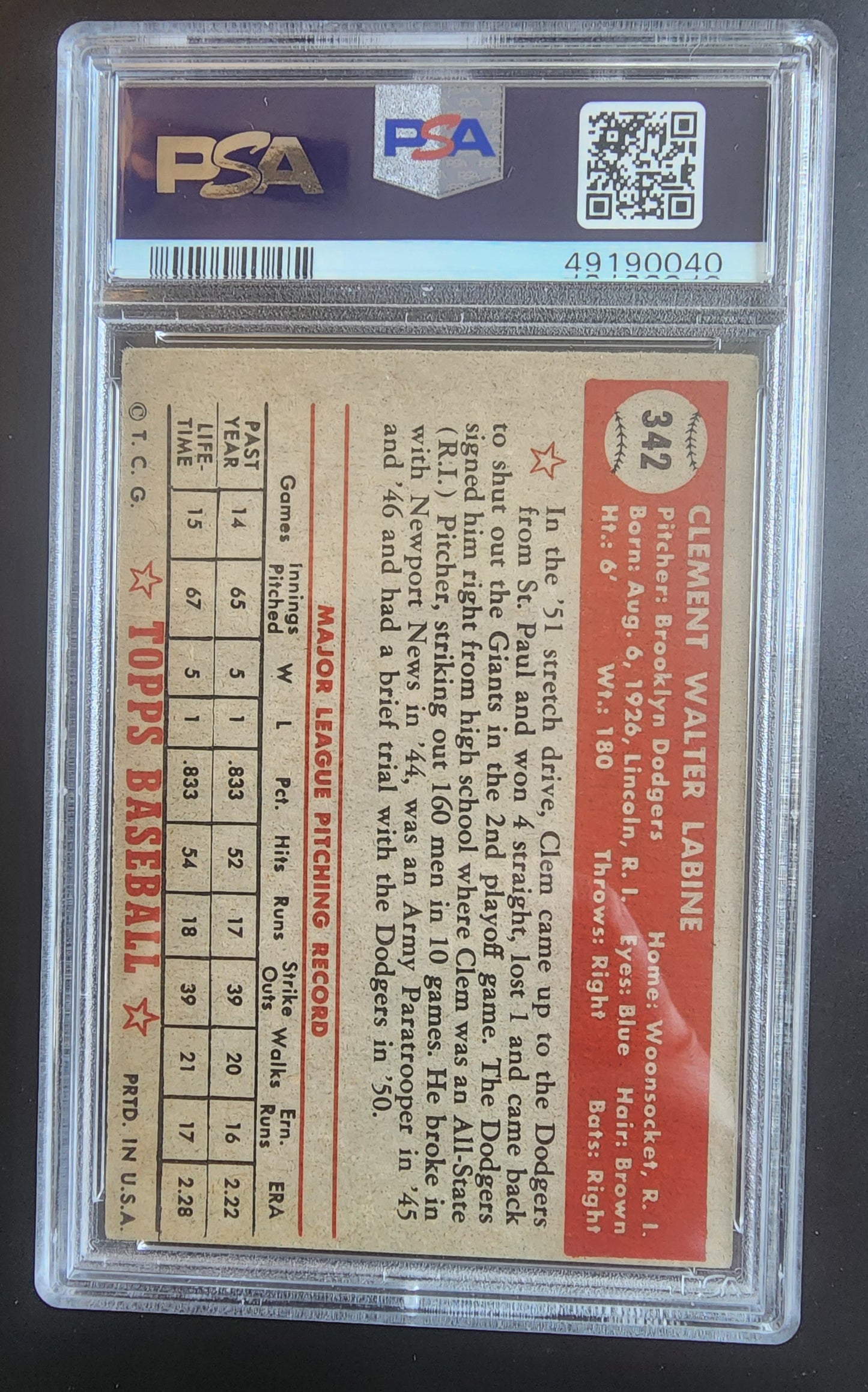 Clem Labine 1952 Topps #342 PSA 5