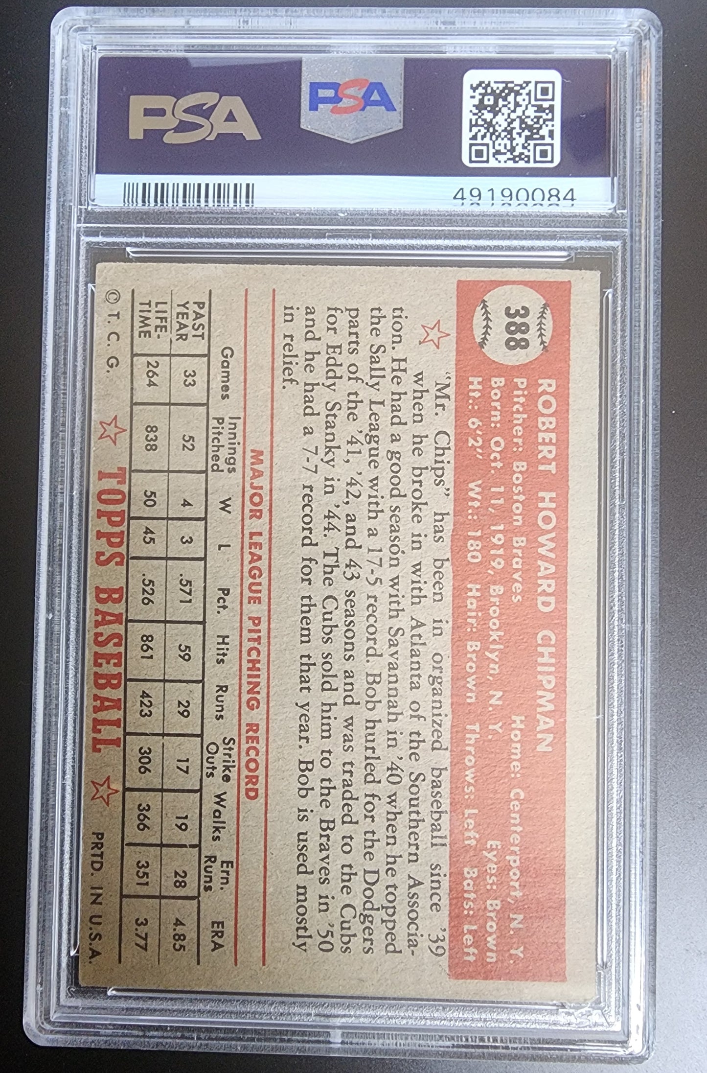 Bob Chipman 1952 Topps #388 PSA 4