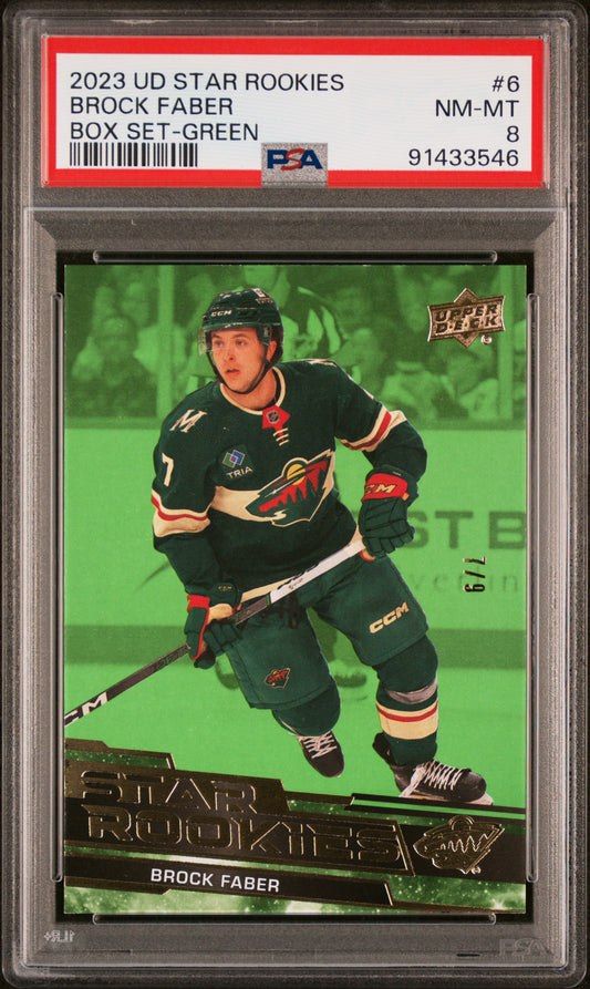 Brock Faber 2023 Upper Deck Star Rookies Box Set Green #7/9 PSA 8 Nm-Mint