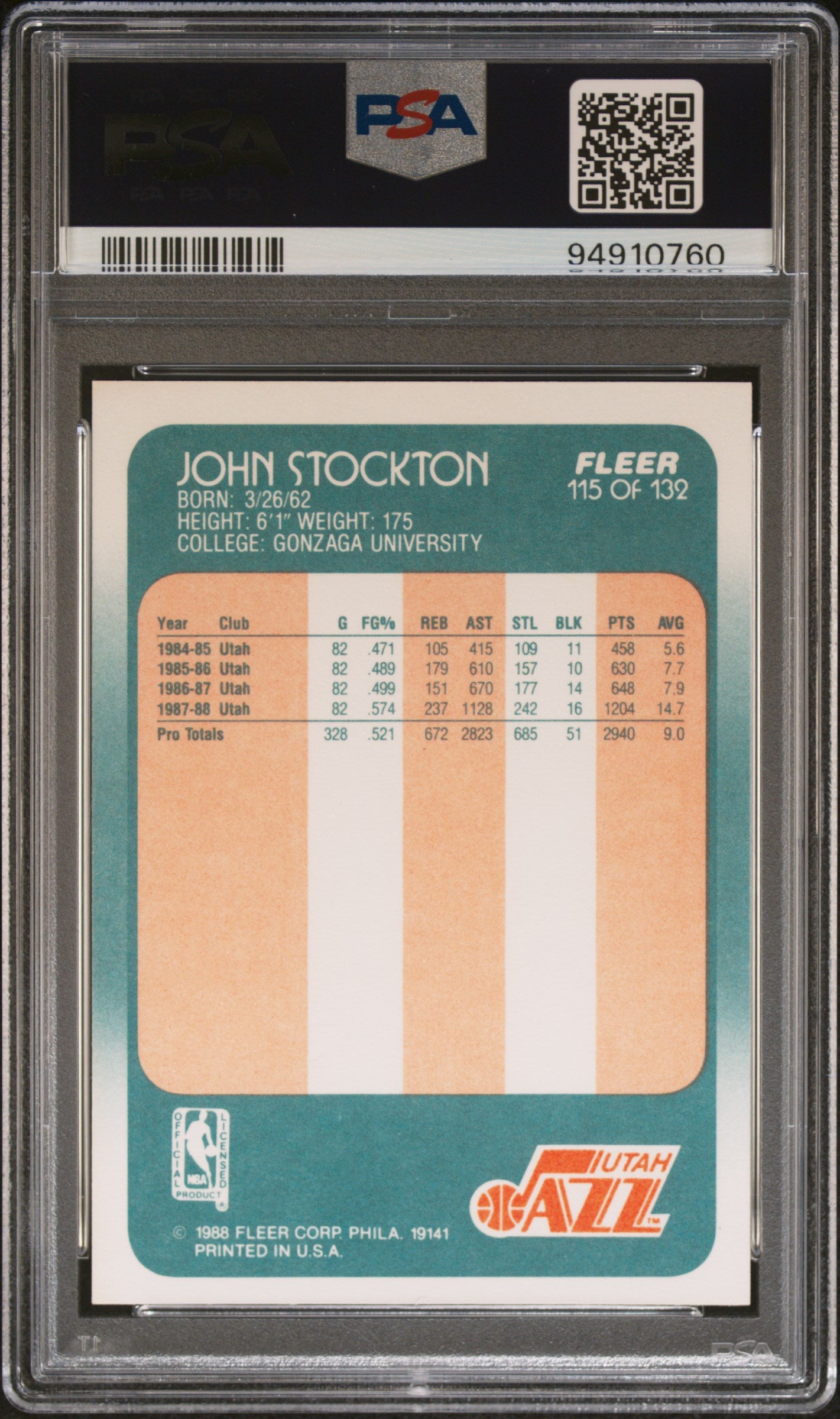 John Stockton 1988 Fleer Rookie #115 PSA 9 Mint
