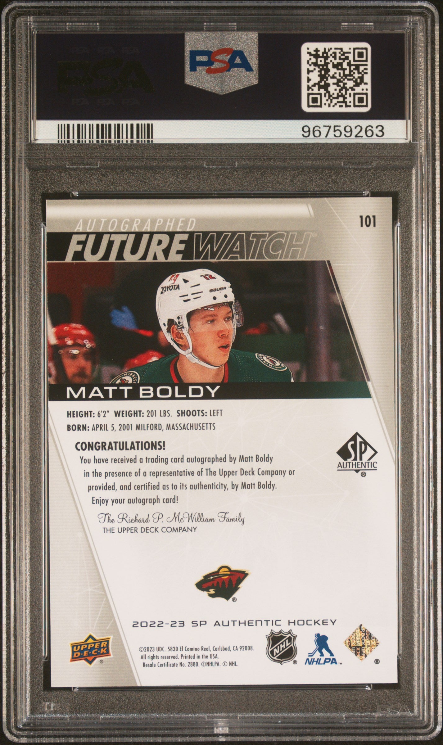 Matt Boldy 2022 Upper Deck SP Authentic Inscribed Autograph Rookie #748/999 PSA 9 Auto 10
