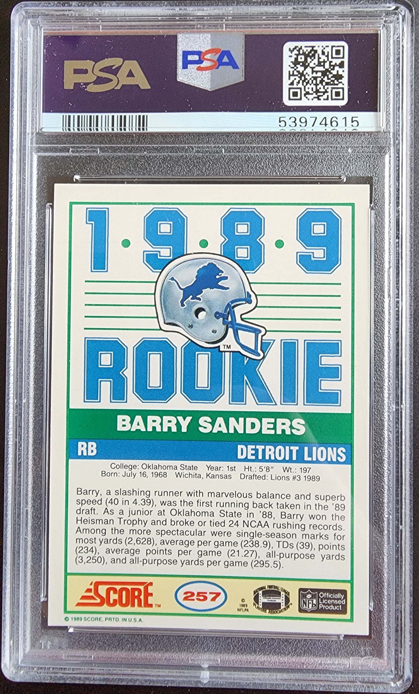 Barry Sanders 1989 Score #257 PSA 10 Gem Mint 4615