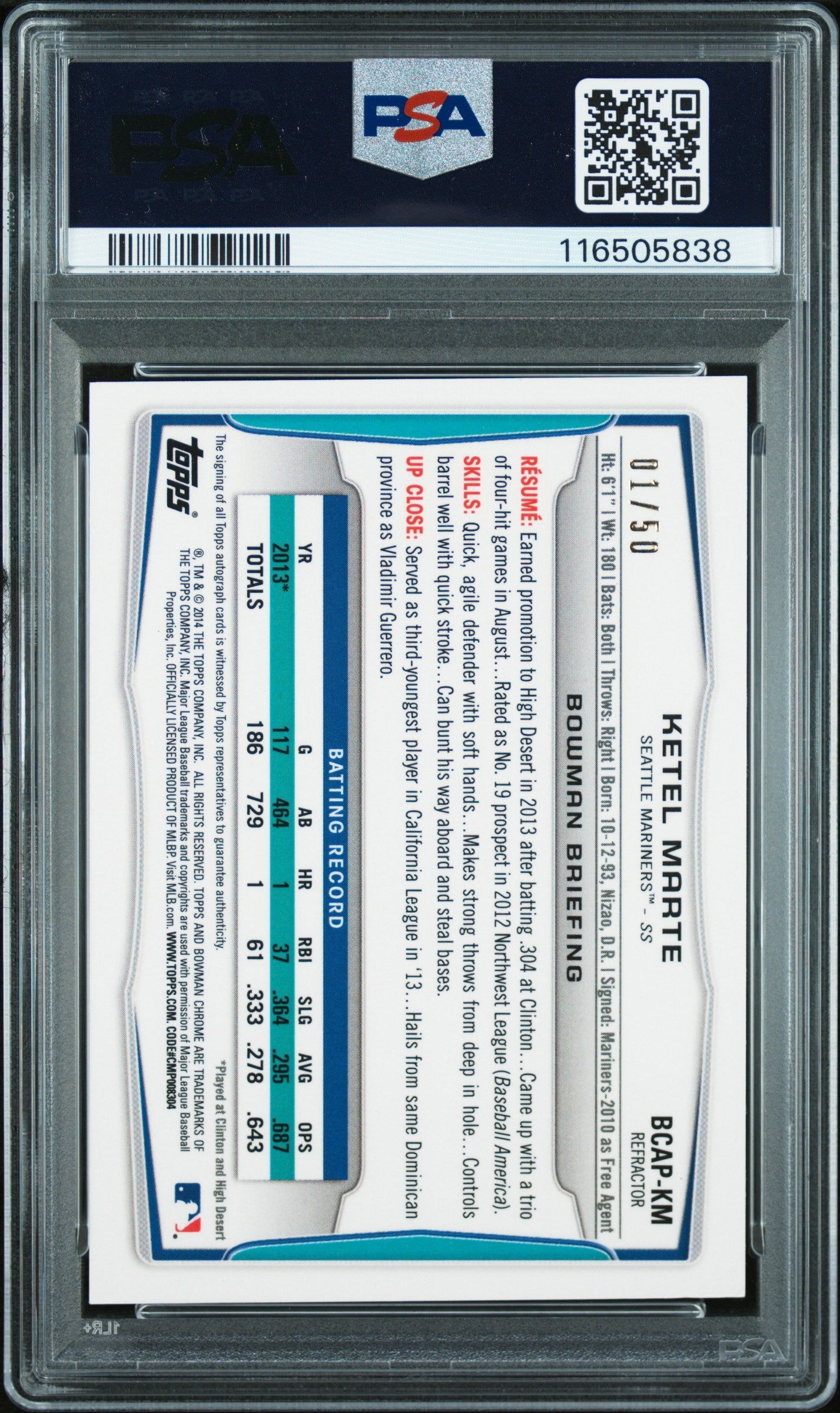 Ketel Marte 2014 Bowman Chrome Black Wave Refractor Auto #1/50 PSA 9 Auto 10