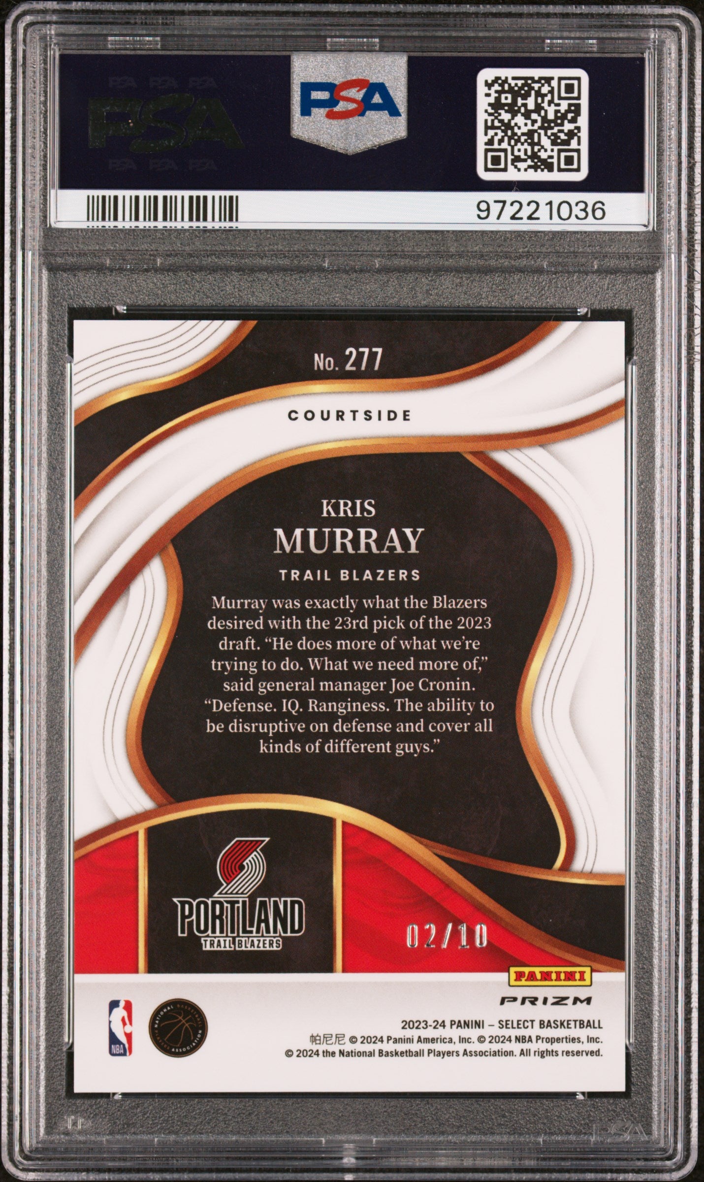 Kris Murray 2023 Panini Select #277 Gold Tectonic #2/10 PSA 10 Gem Mint