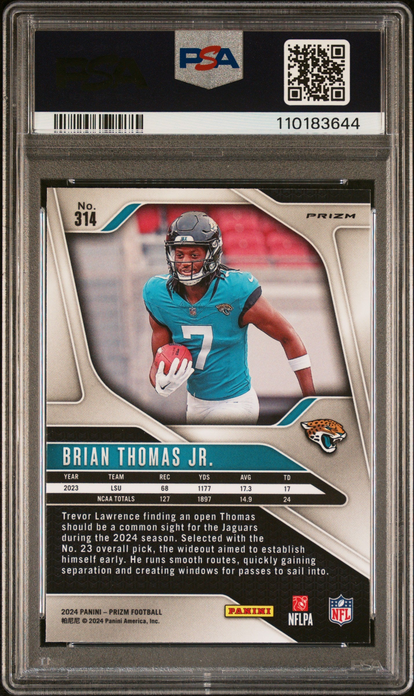 Brian Thomas Jr. 2024 Panini Prizm No Huddle RC #314 PSA 10 Gem Mint
