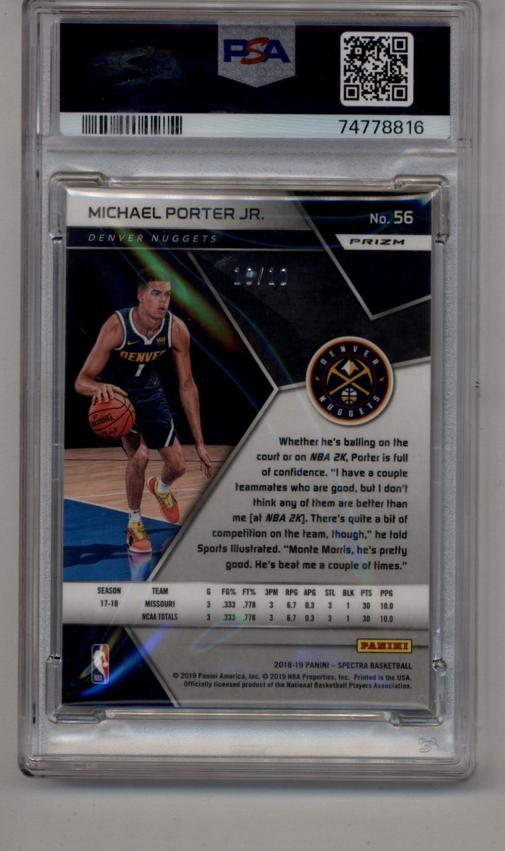 Michael Porter Jr 2018-19 Spectra Gold 10/10 PSA 9 Mint