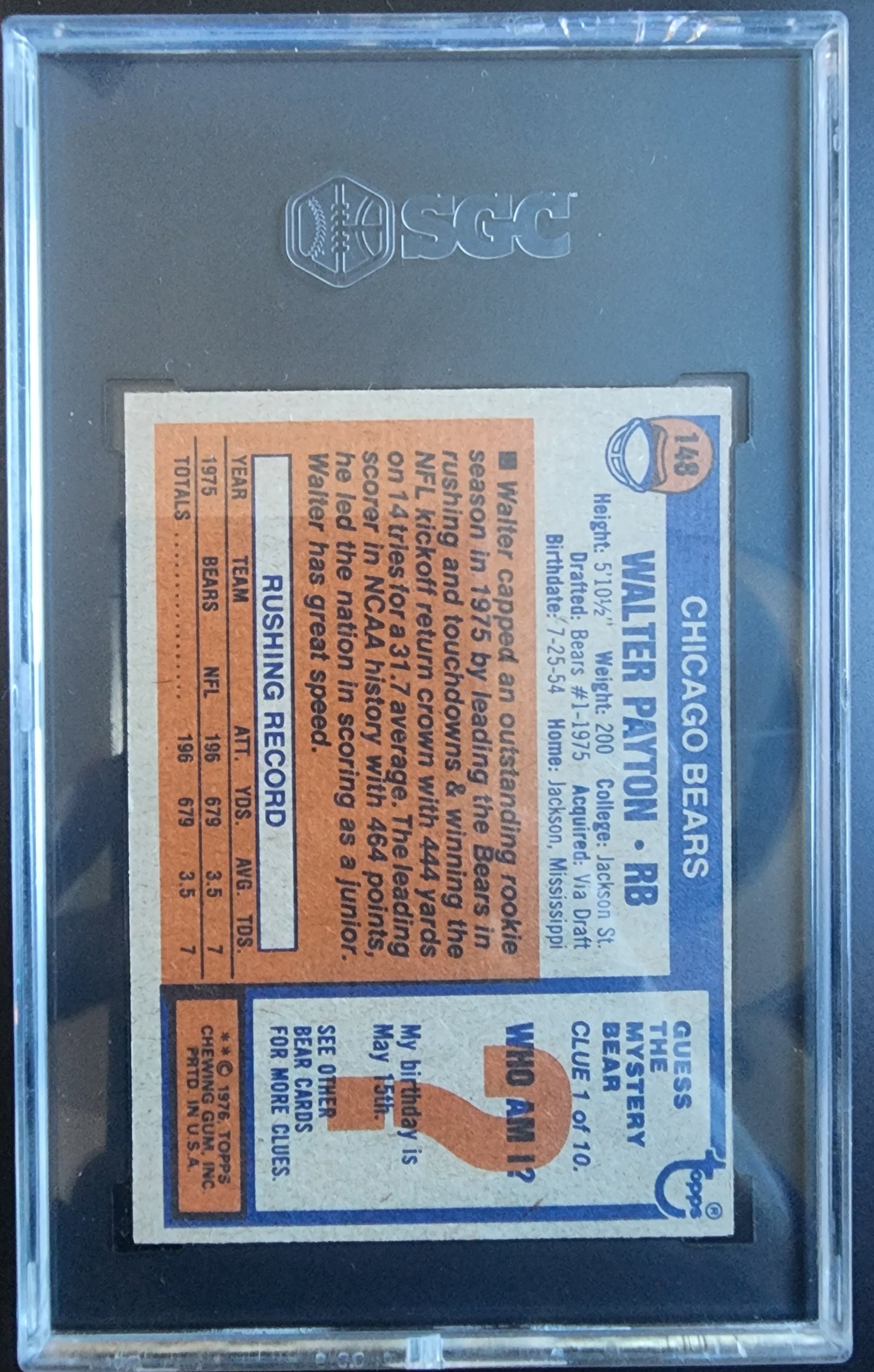 Walter Payton 1976 Topps #148 SGC 7 Near Mint