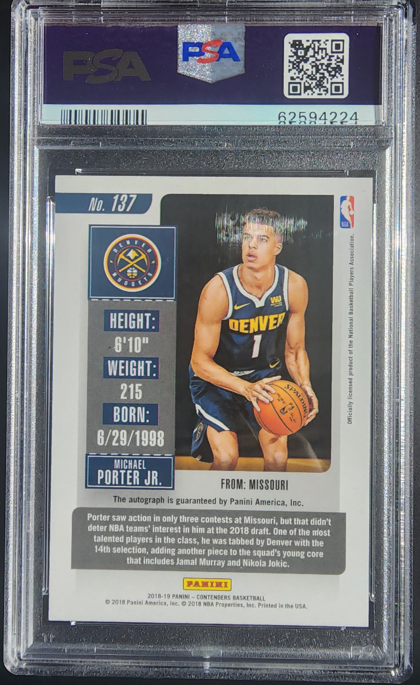 Michael Porter Jr. 2018 Contenders Playoff Auto #31/65 PSA 9 Mint