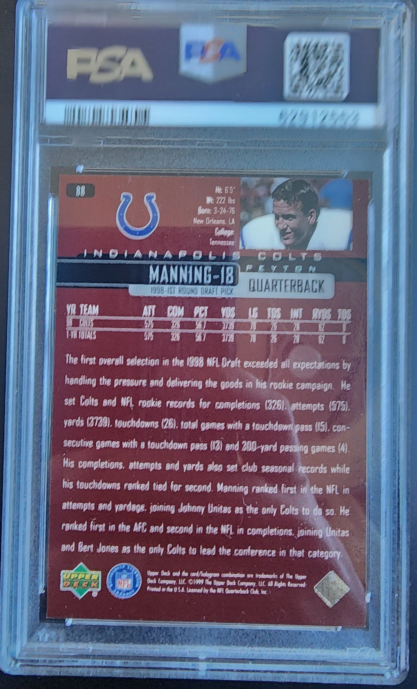 Peyton Manning 1999 Upper Deck Exclusives Silver #72/100 PSA 9 Mint