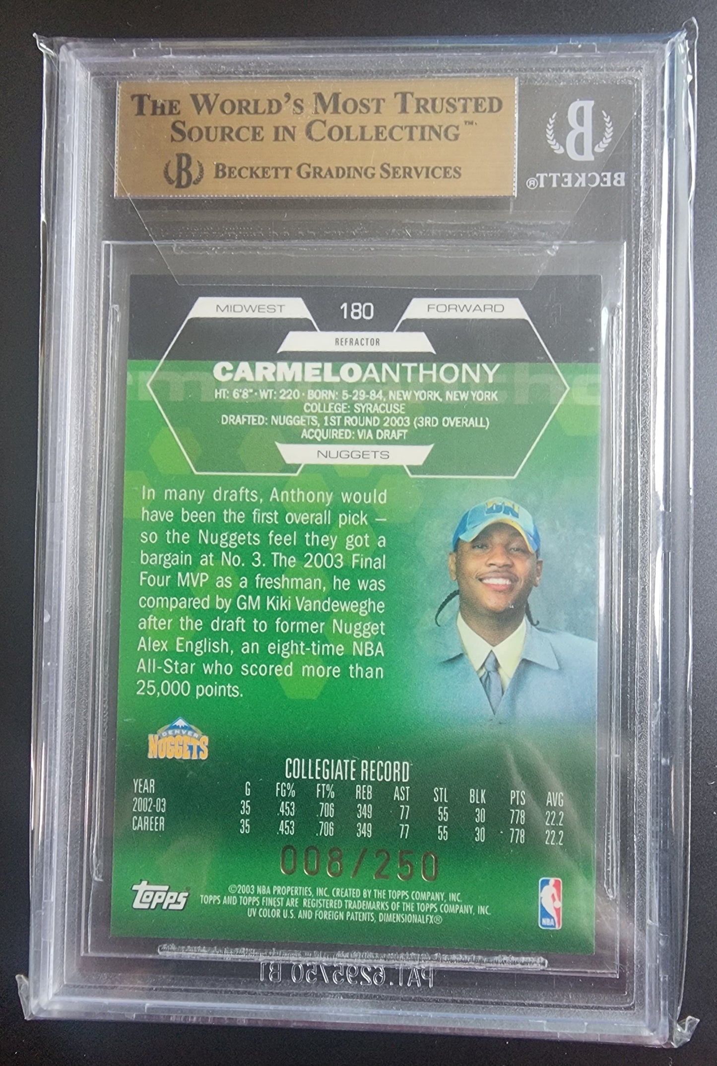 Carmelo Anthony 2002 Finest Refractor #8/250 BGS 9.5 Gem Mint