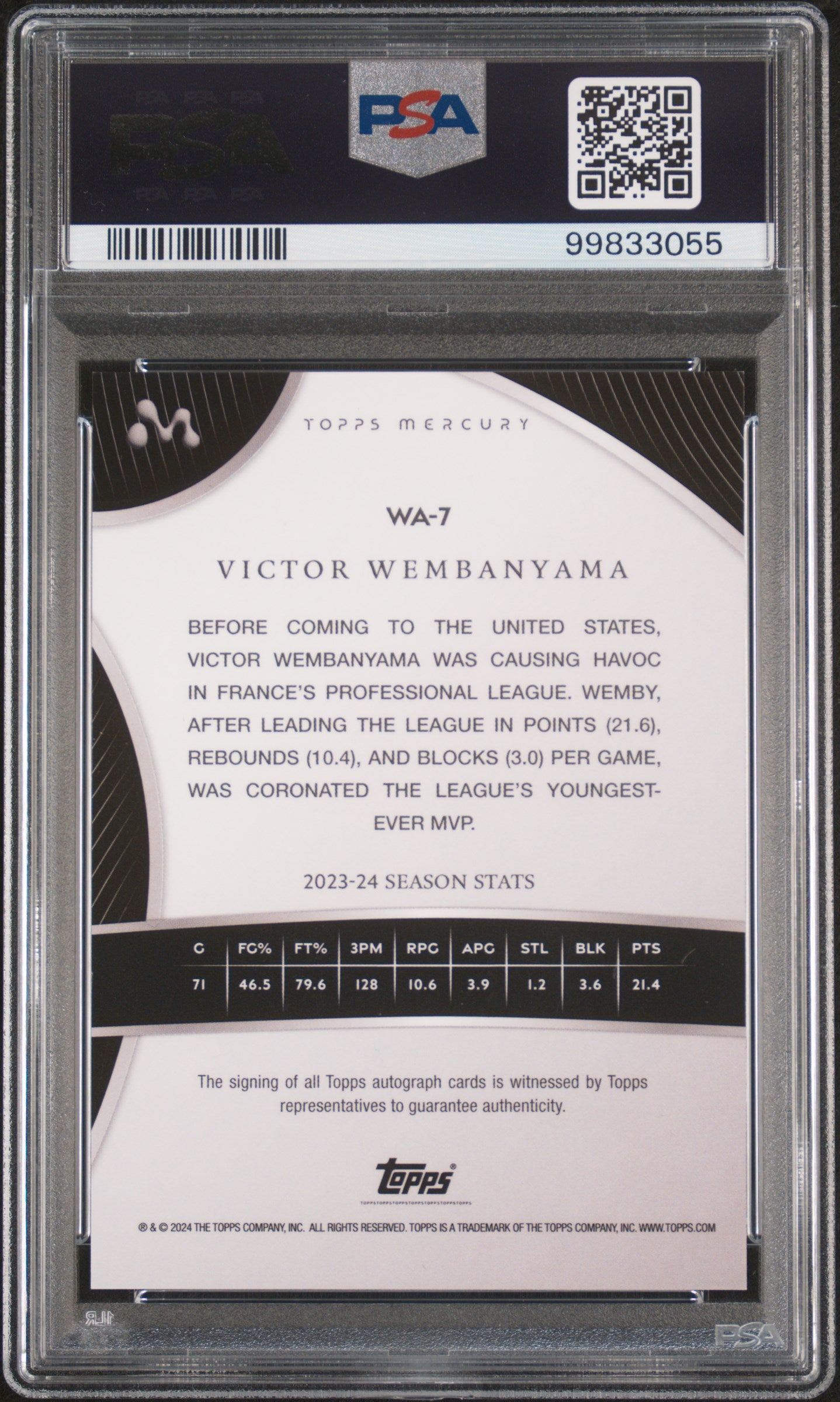 Victor Wembanyama 2023 Topps Mercury Autograph #WA7 Refractor #51/99 PSA 9 Mint