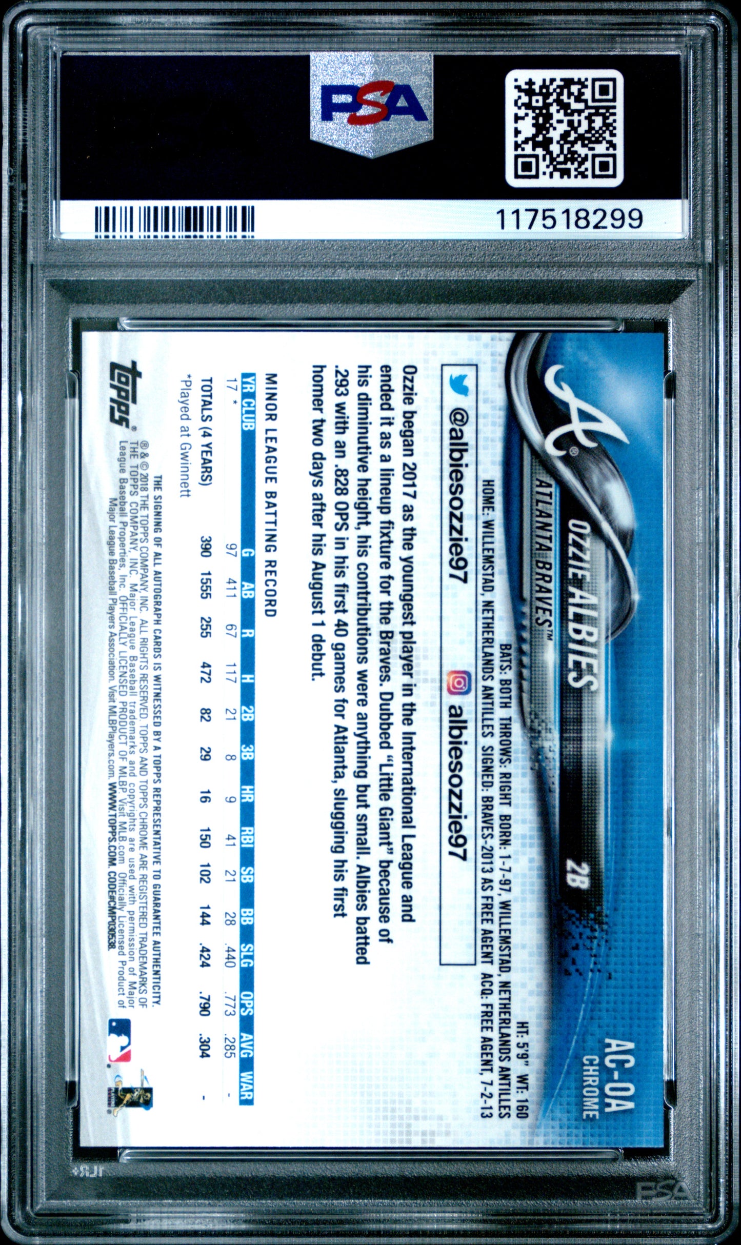 Ozzie Albies 2018 Topps Chrome Sapphire Rookie Auto PSA 10 Gem Mint