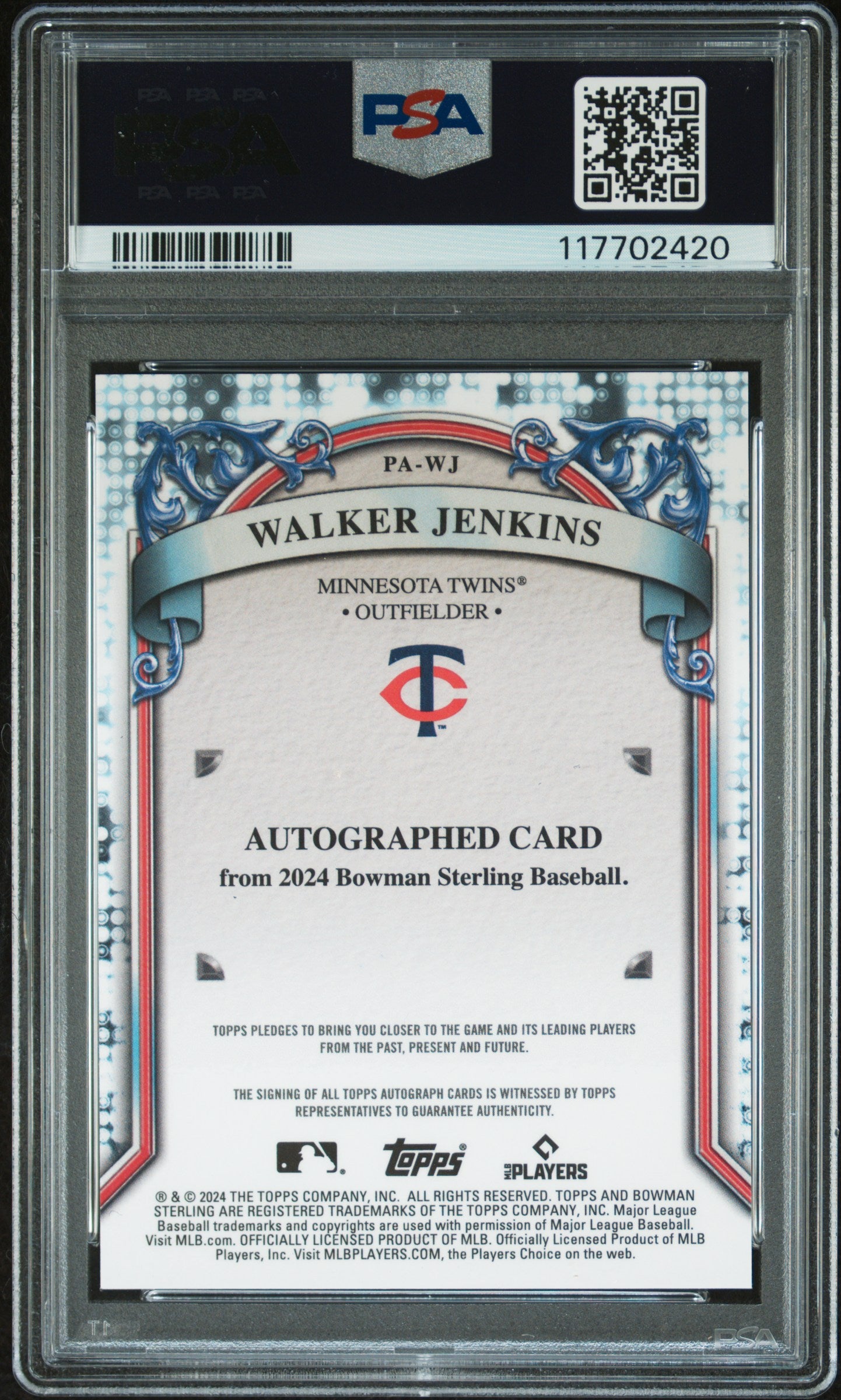 Walker Jenkins 2024 Bowman Sterling Blue Wave Auto #24/135 PSA 10 Auto 10