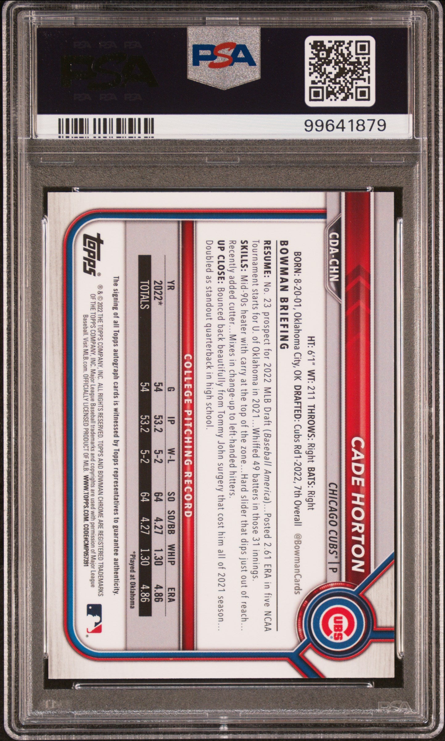 Cade Horton 2022 Bowman Chrome Draft Sparkle Auto #16/71 PSA 10 Gem Mint