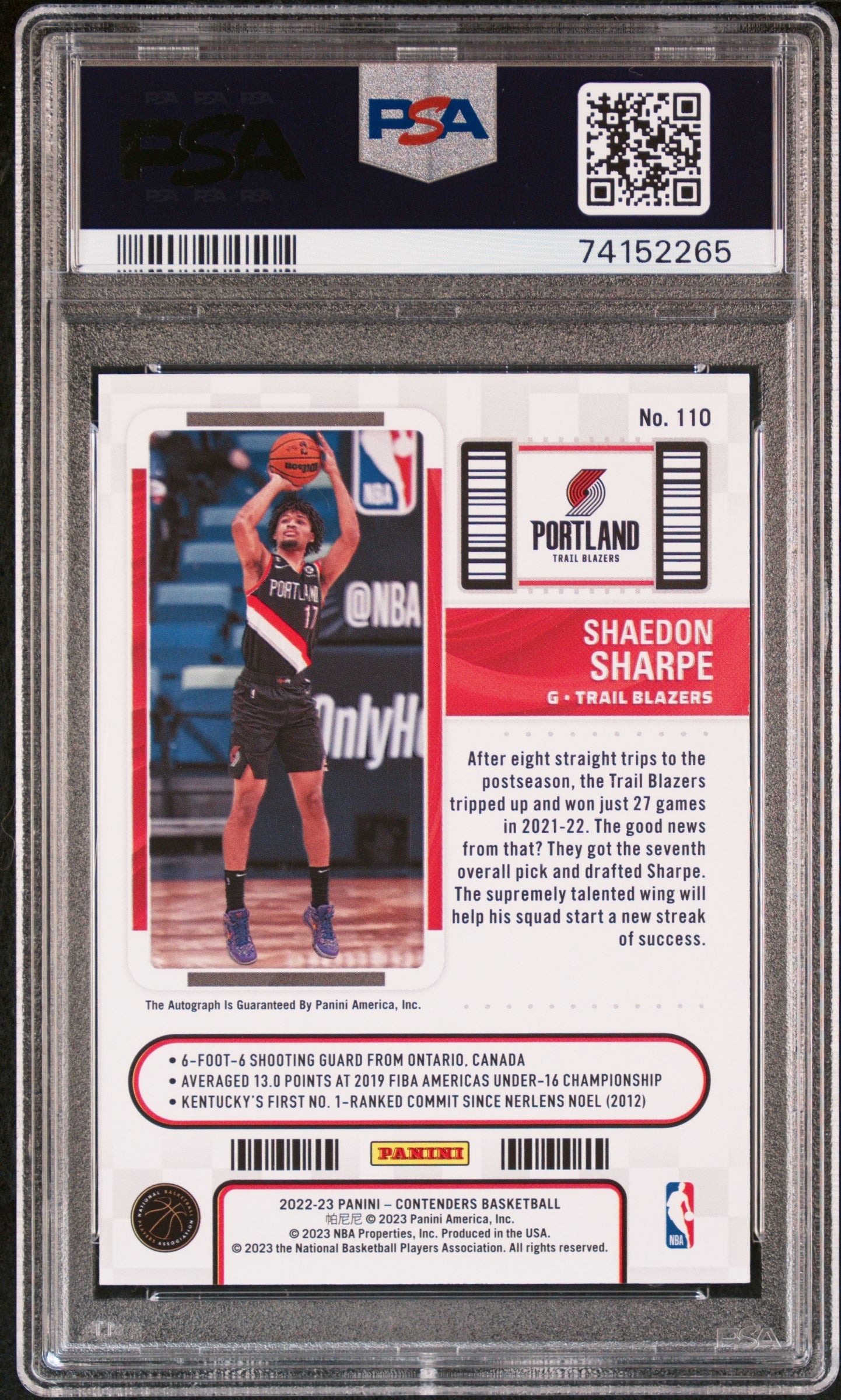Shaedon Sharpe 2022 Panini Contenders Auto RC #110 PSA 9 Mint