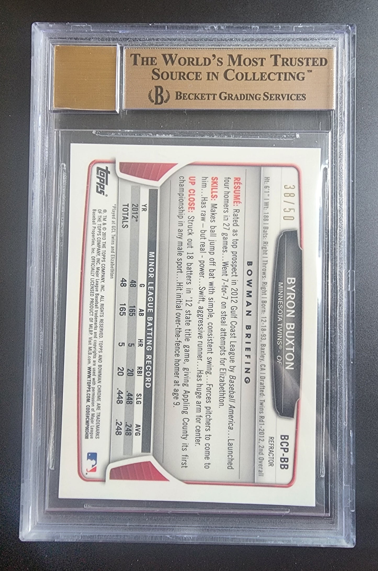 Byron Buxton 2013 Bowman Chrome Autograph Blue Wave Refractor 38/50 BGS 9.5 Gem Mint 10 Auto