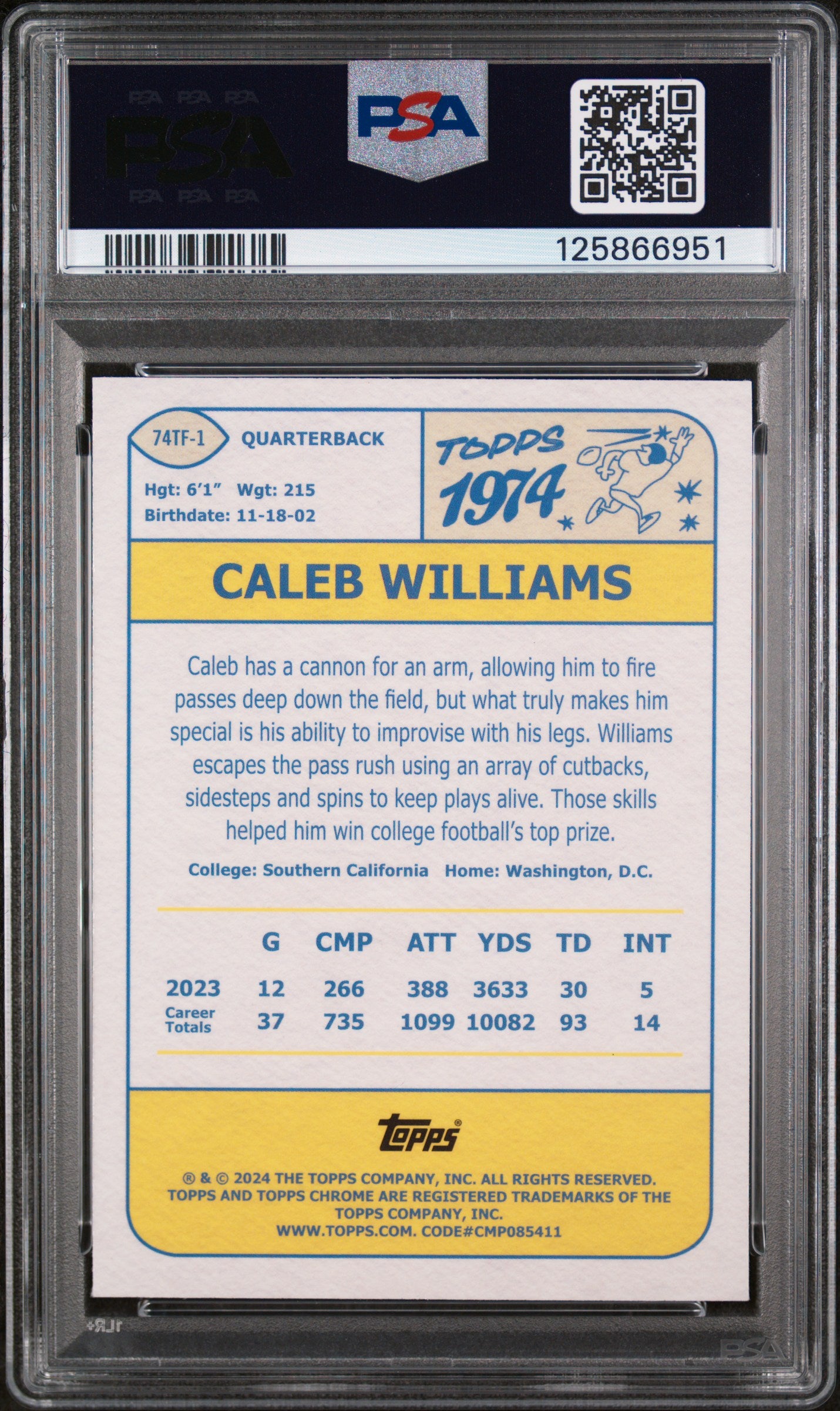 Caleb Williams 2024 Topps Chrome 1974 Topps Rookie PSA 10 Gem Mint