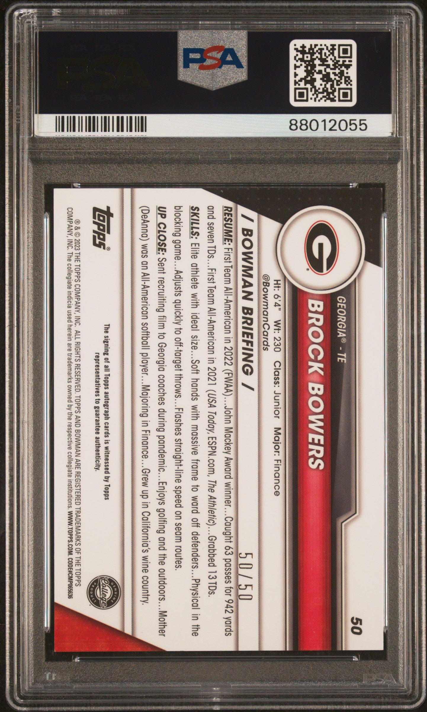 Brock Bowers 2023 Bowman Chrome U Gold Lava Auto #50/50 PSA 10 Gem Mint