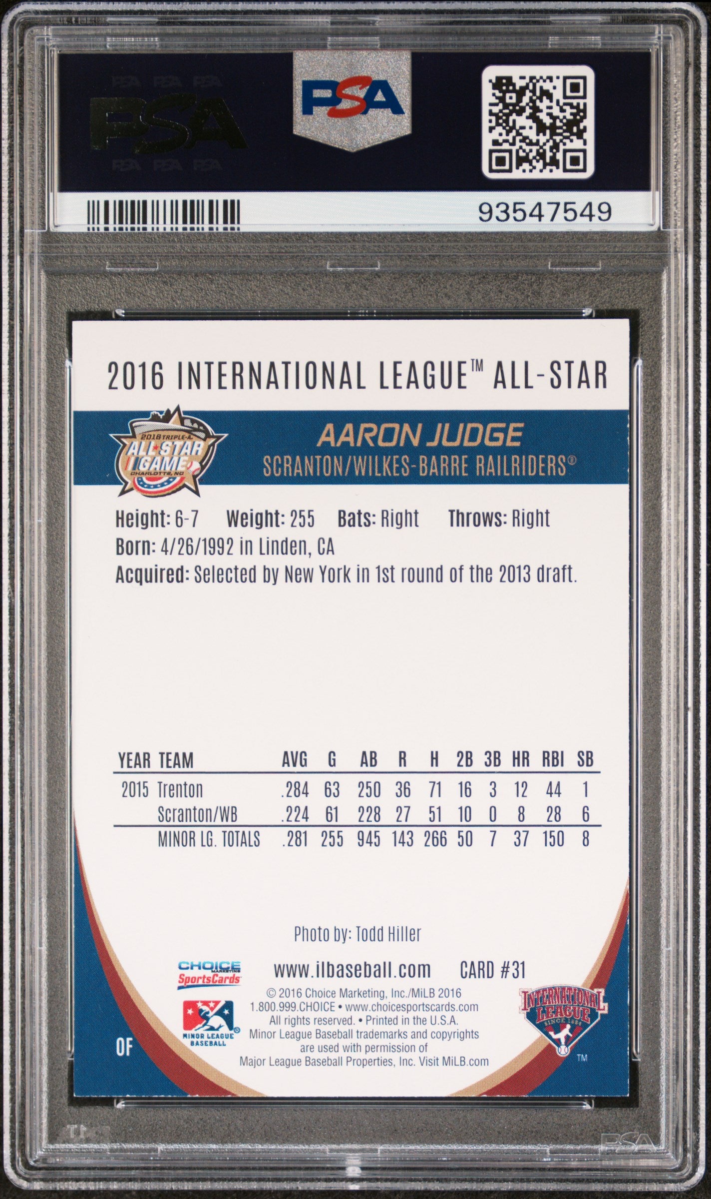 Aaron Judge 2016 Choice All-Stars #31 PSA 9 Mint